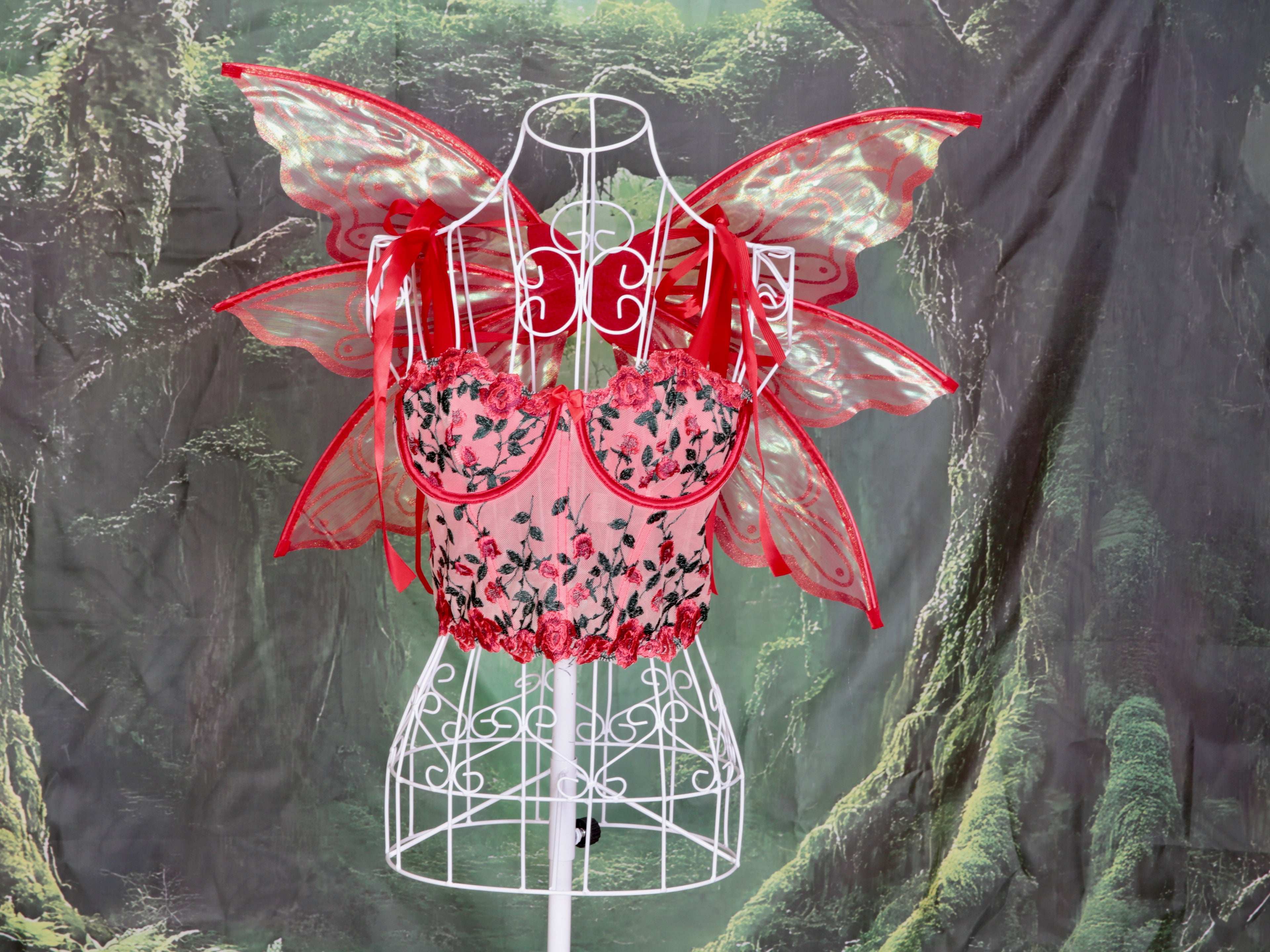 Floral Red Corset, fairy wings  and tutu. Hen party, fairy cosplay, fairy core, woodland party, fairy dress up
