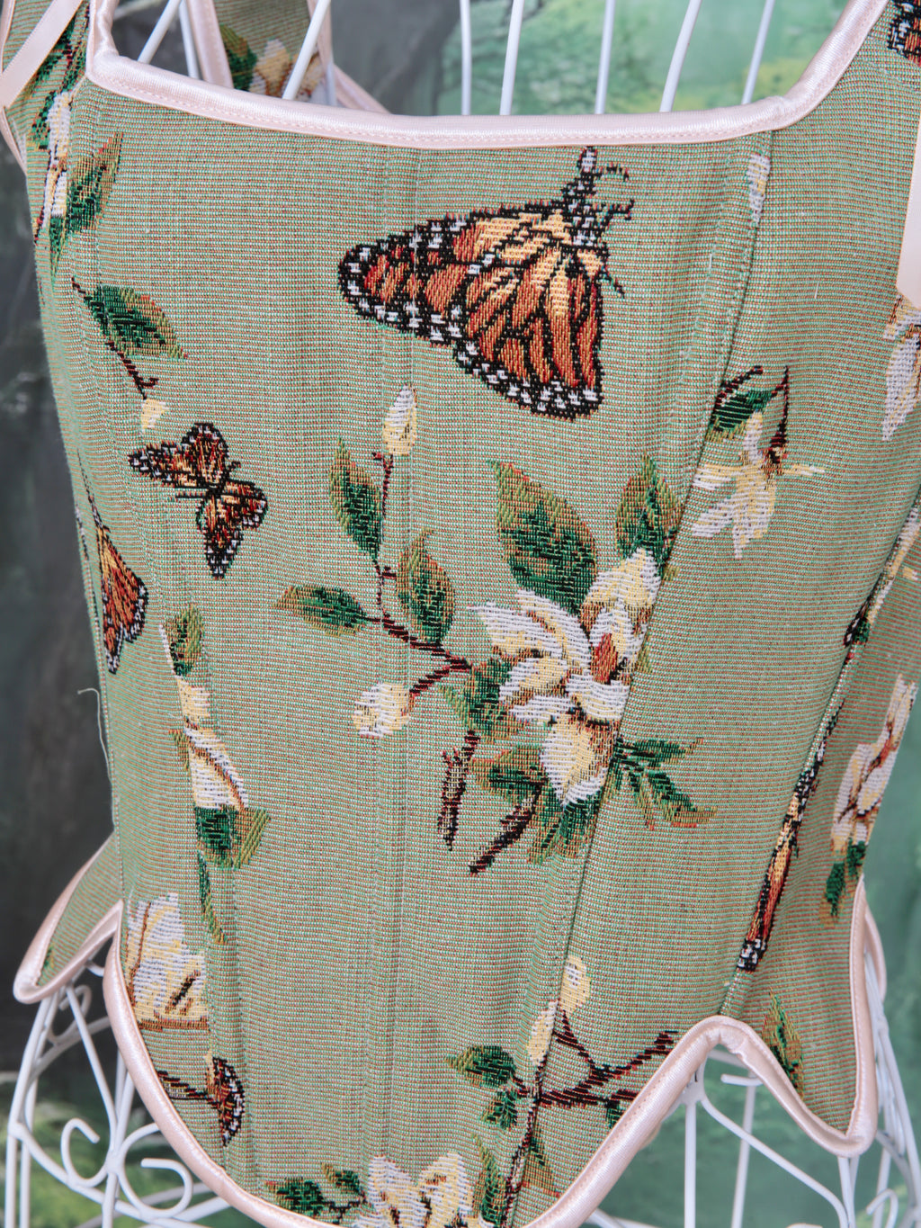 Green Women Floral Jacquard Lace Up corset with floral and butterfly design. Waist trimmer, fairy core, woodland party, steam punk.
