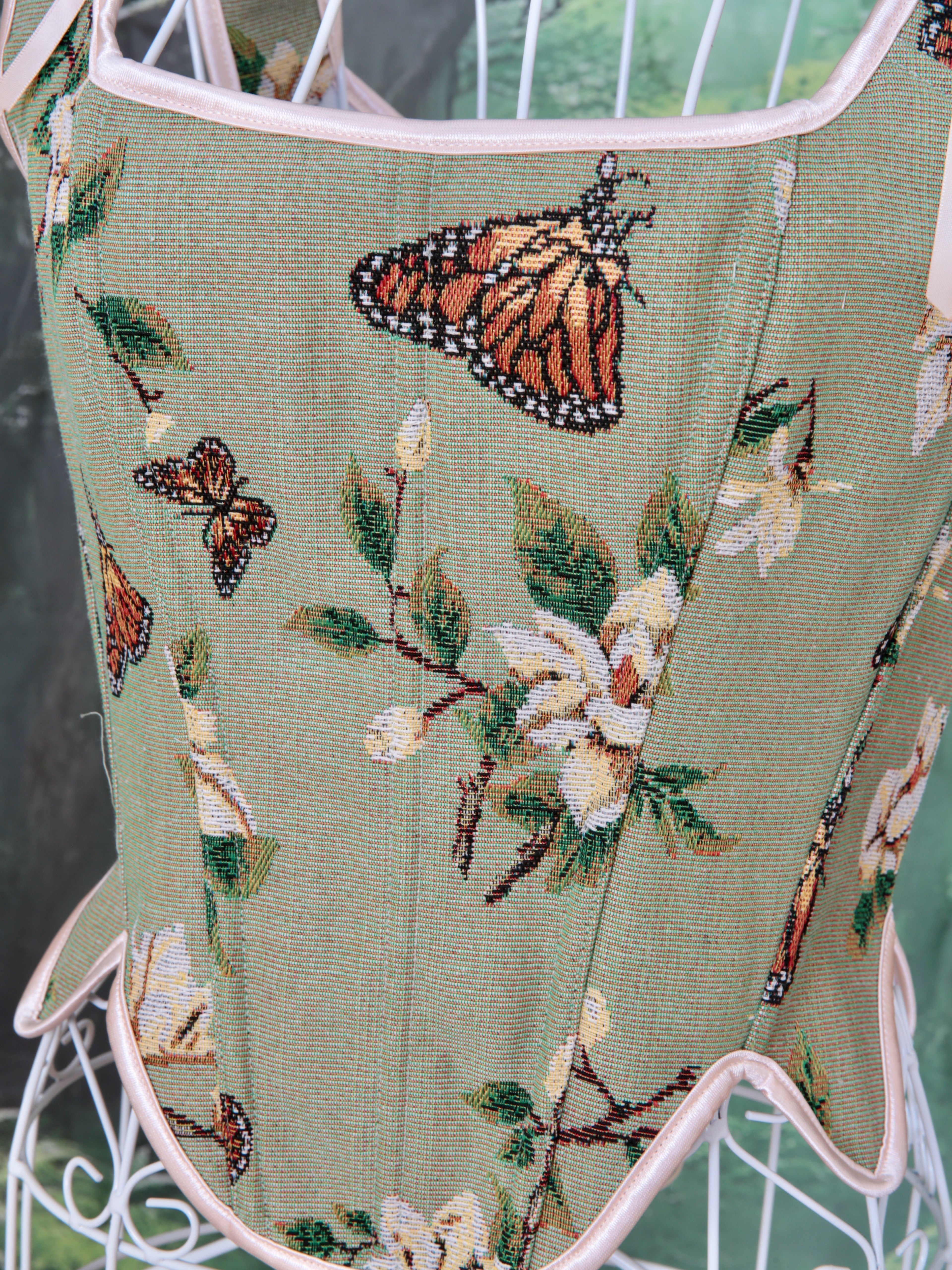 Green Women Floral Jacquard Lace Up corset with floral and butterfly design. Waist trimmer, fairy core, woodland party, steam punk.