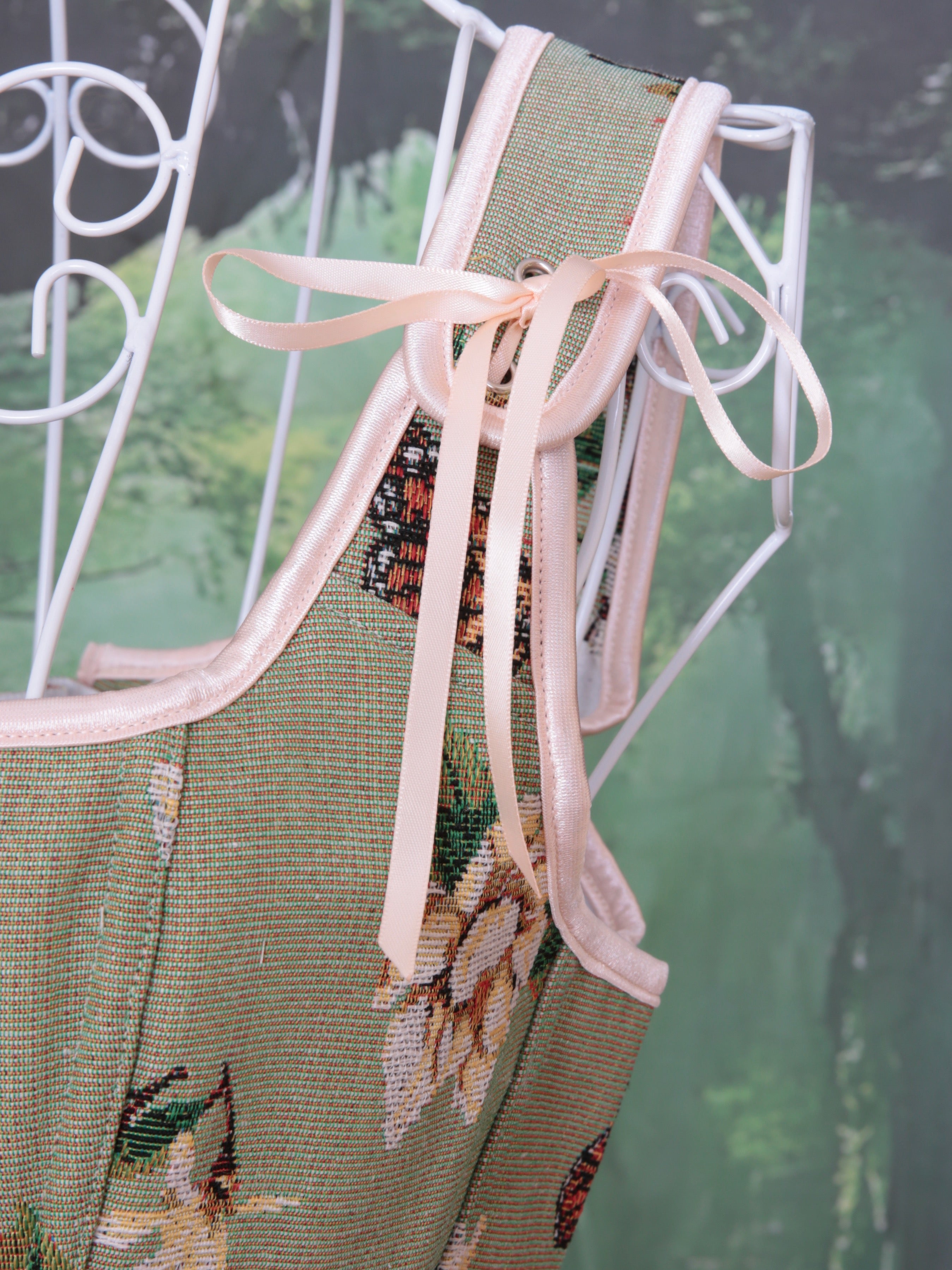 Green Women Floral Jacquard Lace Up corset with floral and butterfly design. Waist trimmer, fairy core, woodland party, steam punk.