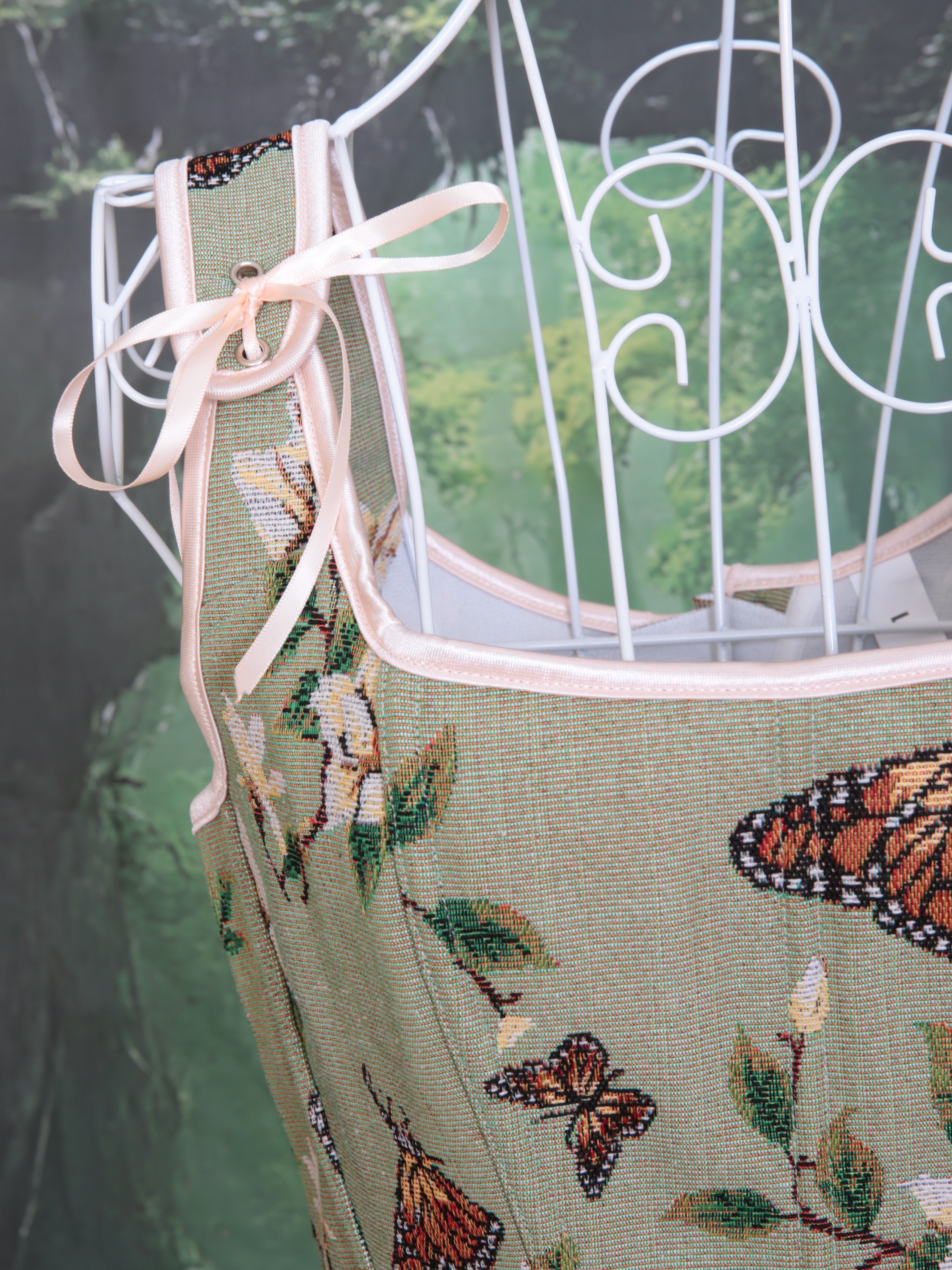 Green Women Floral Jacquard Lace Up corset with floral and butterfly design. Waist trimmer, fairy core, woodland party, steam punk.