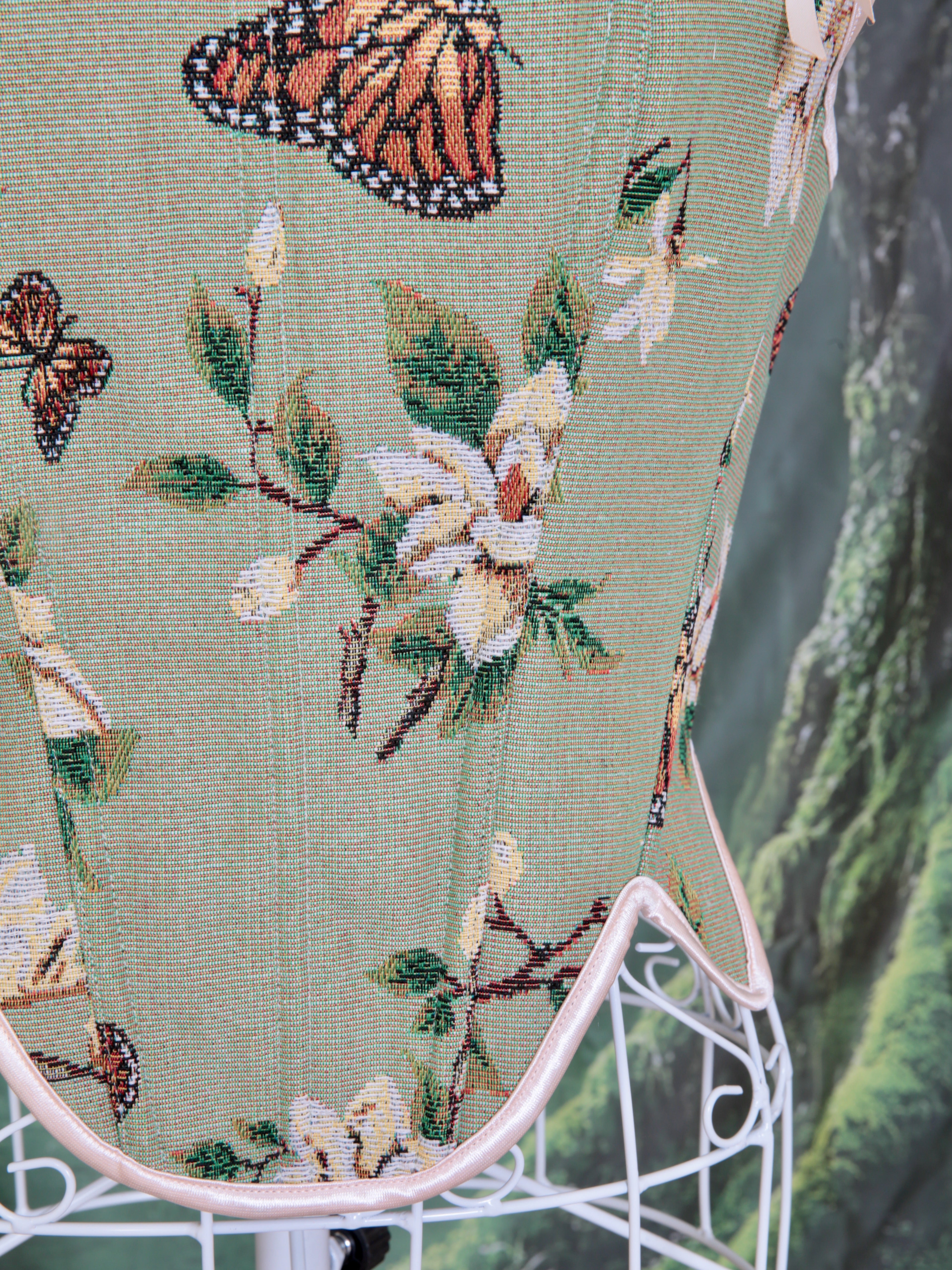 Green Women Floral Jacquard Lace Up corset with floral and butterfly design. Waist trimmer, fairy core, woodland party, steam punk.