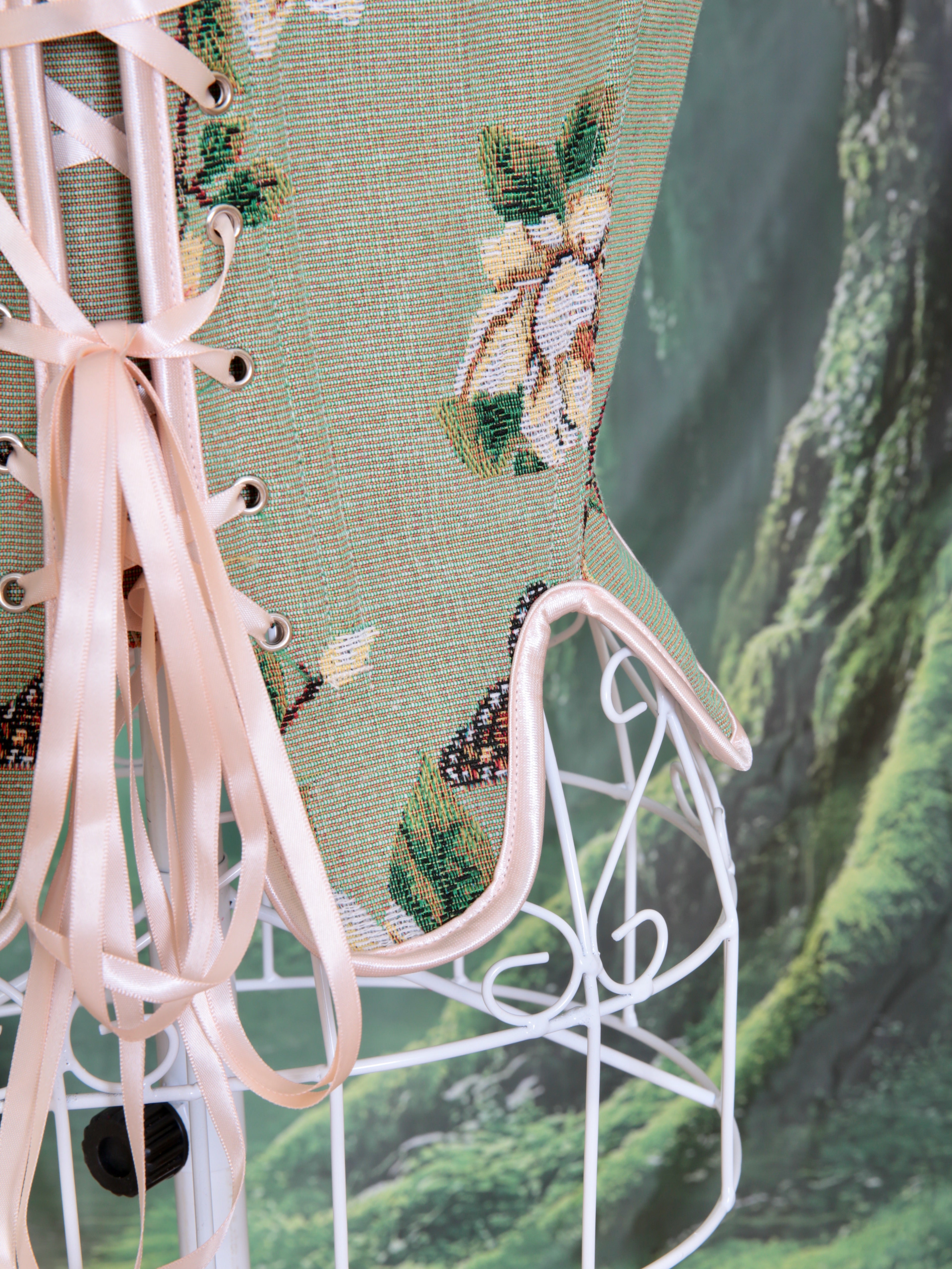 Green Women Floral Jacquard Lace Up corset with floral and butterfly design. Waist trimmer, fairy core, woodland party, steam punk.