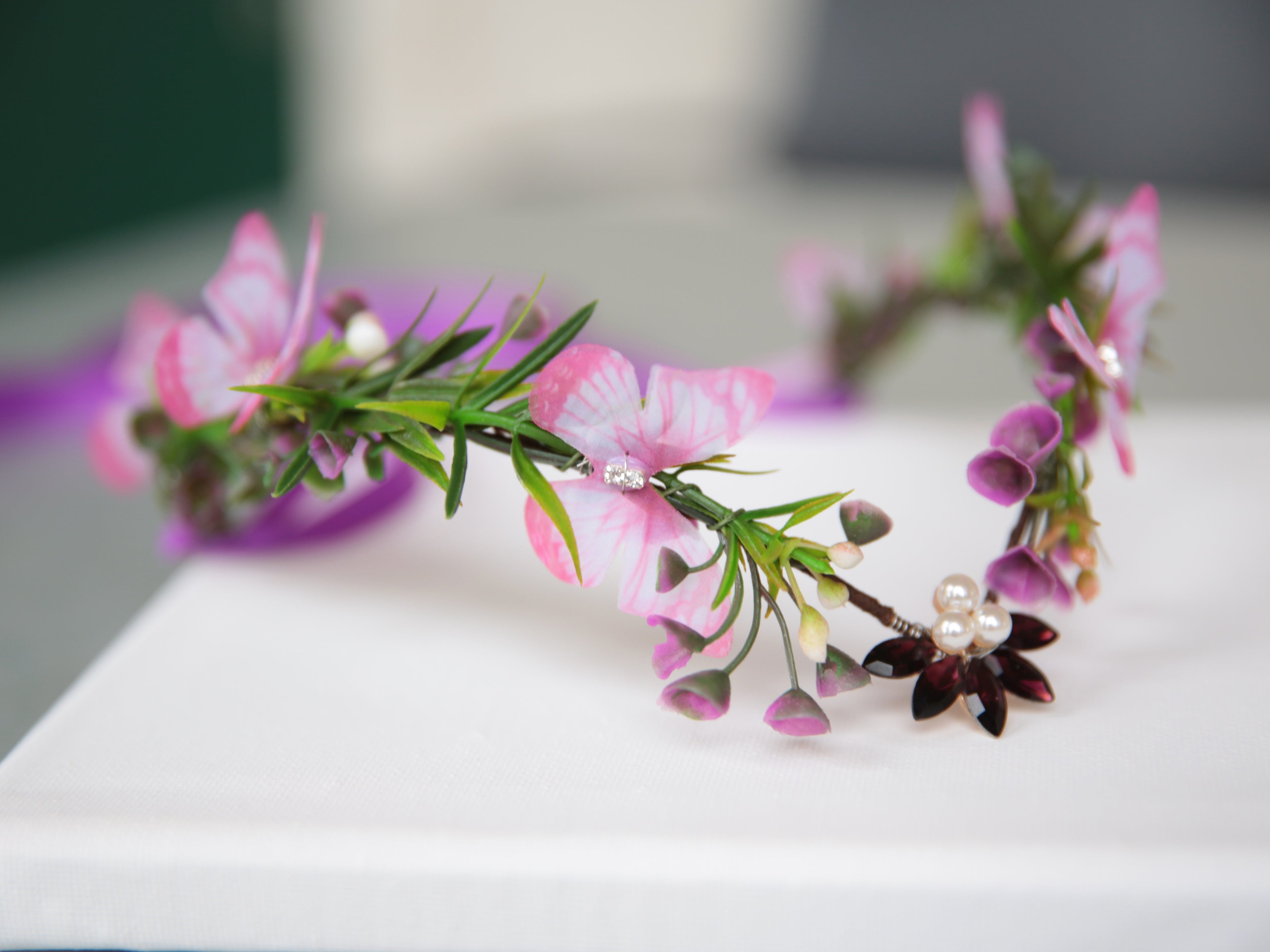Fairy Crown, Beautiful  Elven Tiara Pink Butterflies and Purple Flowers.  Woodland theme, fairy party bridesmaid headdress.