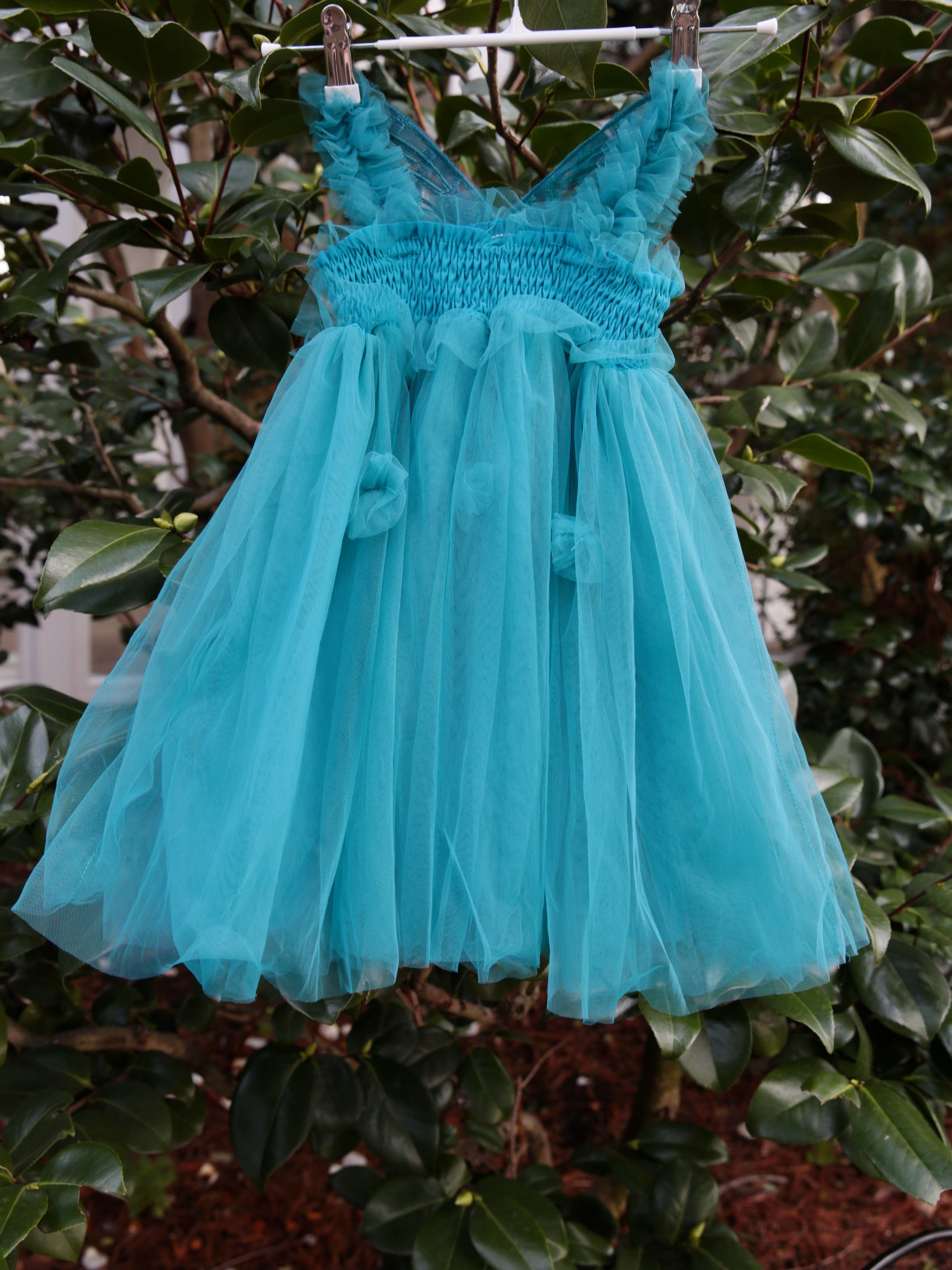 Teal Fairy Wing dress  in Teal Tulle. Butterfly wings on the back, party dress, flower girl dress. Birthday photoshoot. Wild Daisy