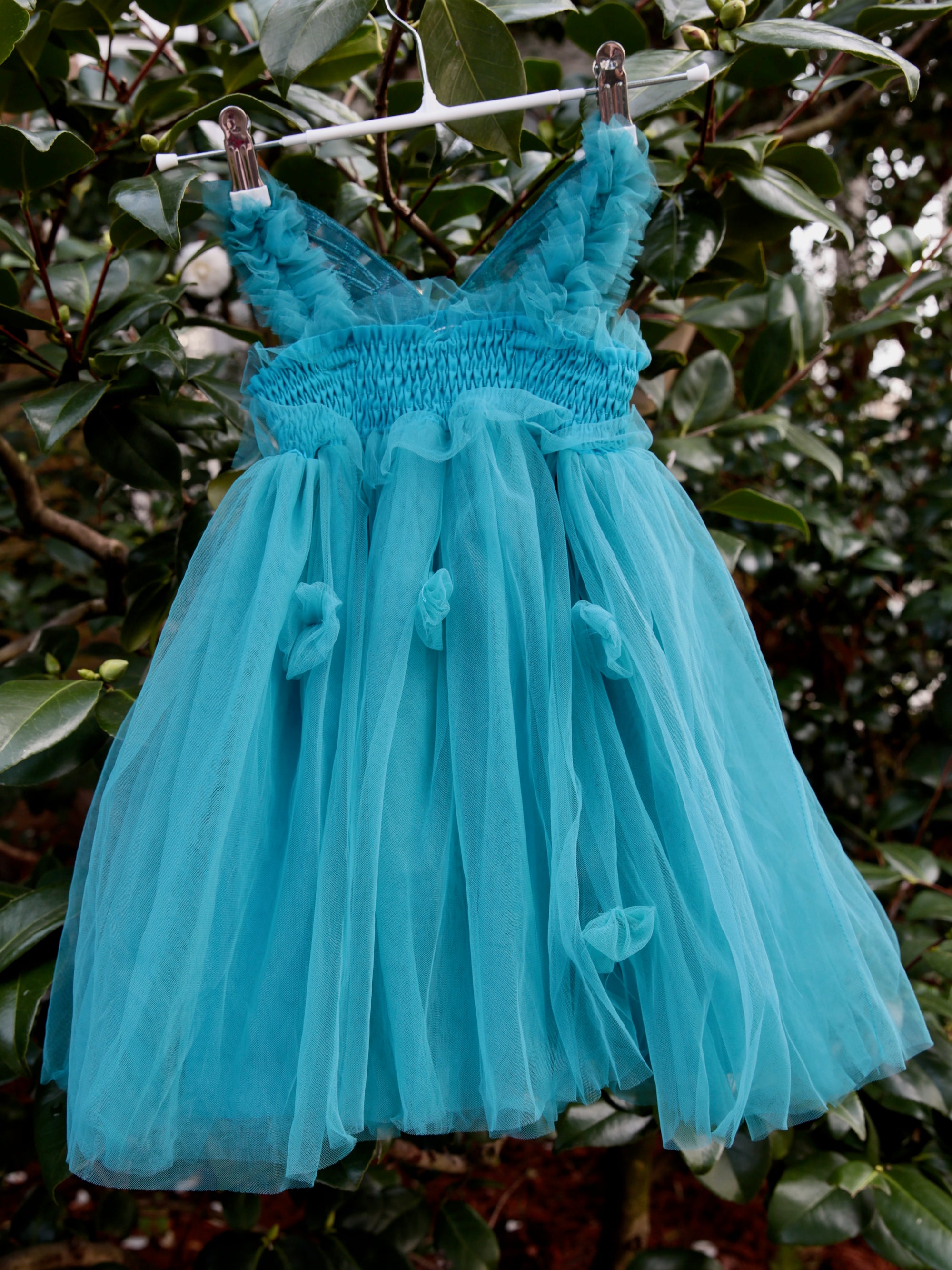 Teal Fairy Wing dress  in Teal Tulle. Butterfly wings on the back, party dress, flower girl dress. Birthday photoshoot. Wild Daisy