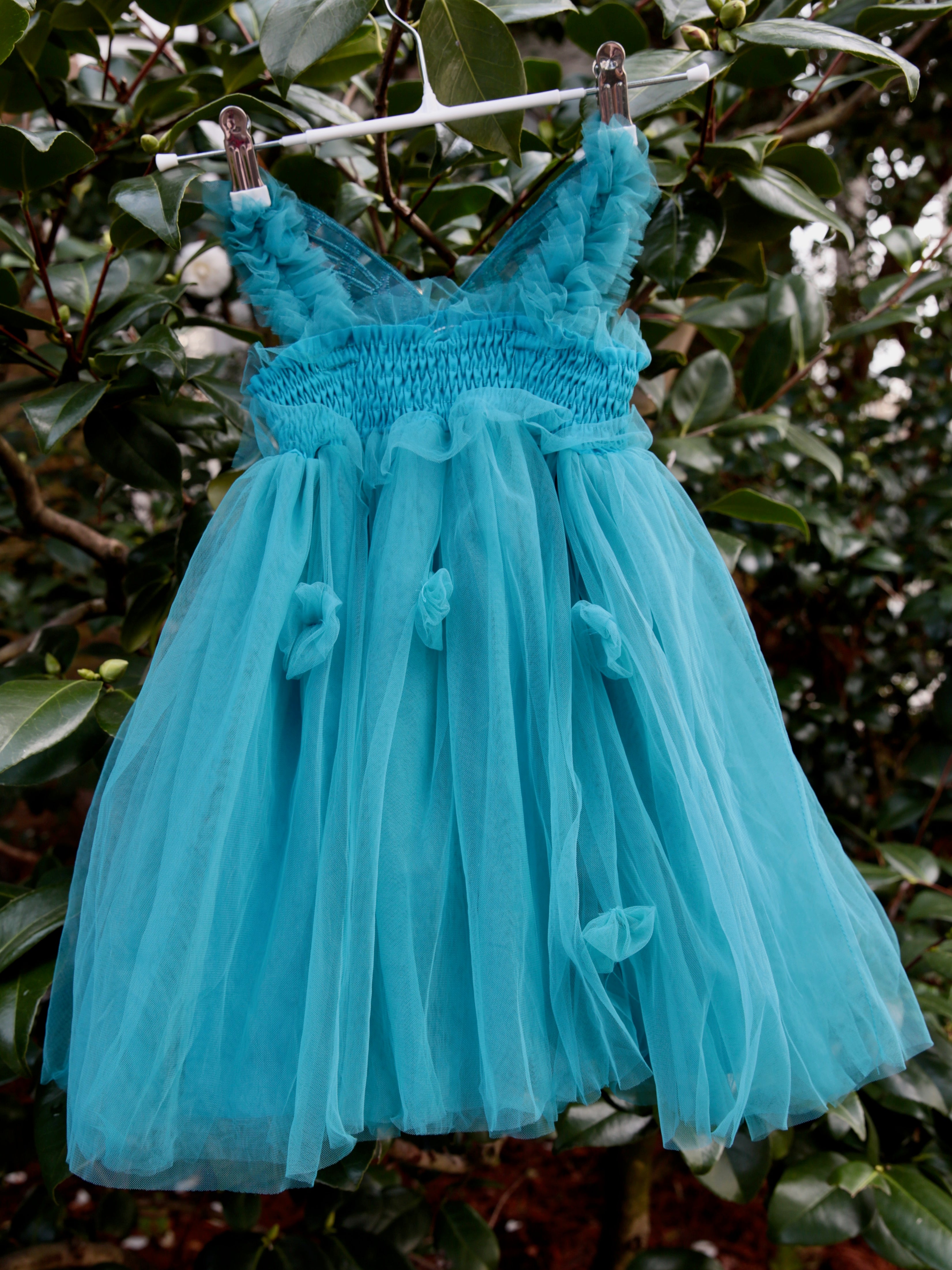 Teal Fairy Wing dress  in Teal Tulle. Butterfly wings on the back, party dress, flower girl dress. Birthday photoshoot. Wild Daisy