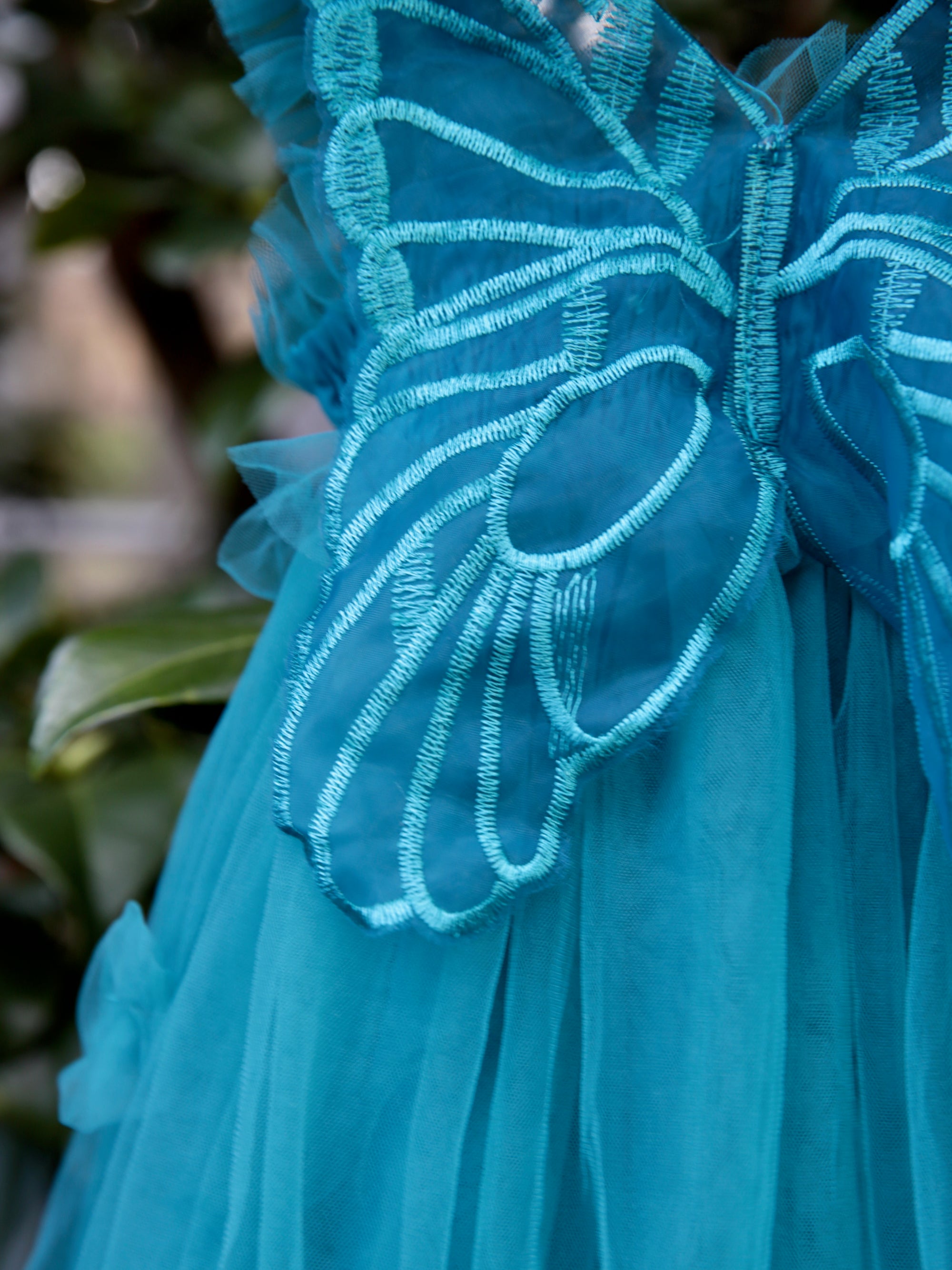 Teal Fairy Wing dress  in Teal Tulle. Butterfly wings on the back, party dress, flower girl dress. Birthday photoshoot. Wild Daisy