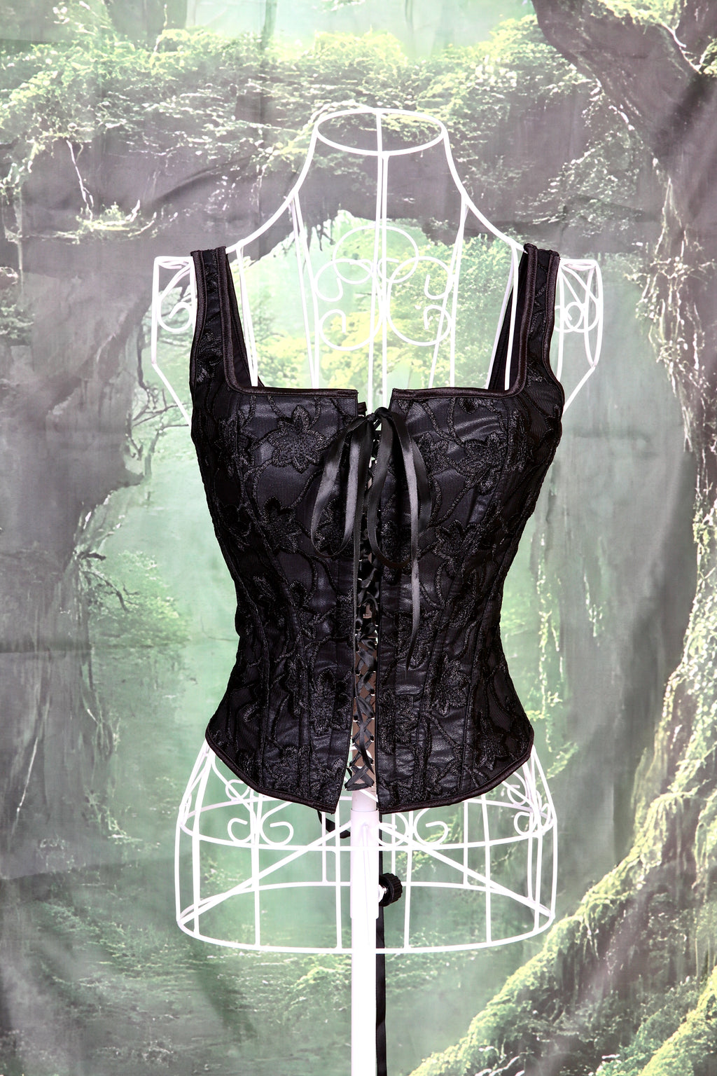 Overbust Corset. Black Floral Embroidery Square Neck Tie Front and back Boned Corset, Renaissance Corset  Fair, Music Festival