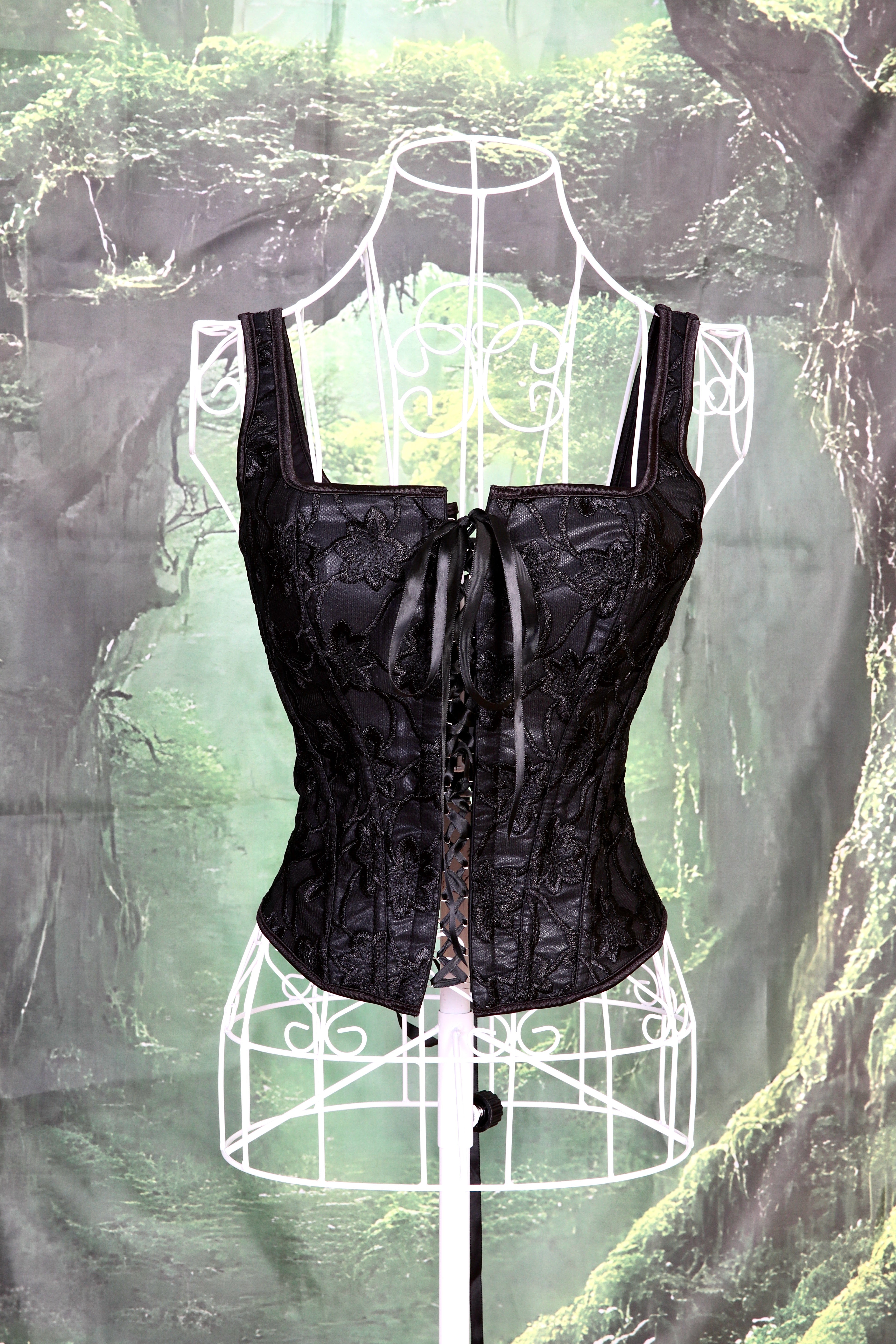 Overbust Corset. Black Floral Embroidery Square Neck Tie Front and back Boned Corset, Renaissance Corset  Fair, Music Festival