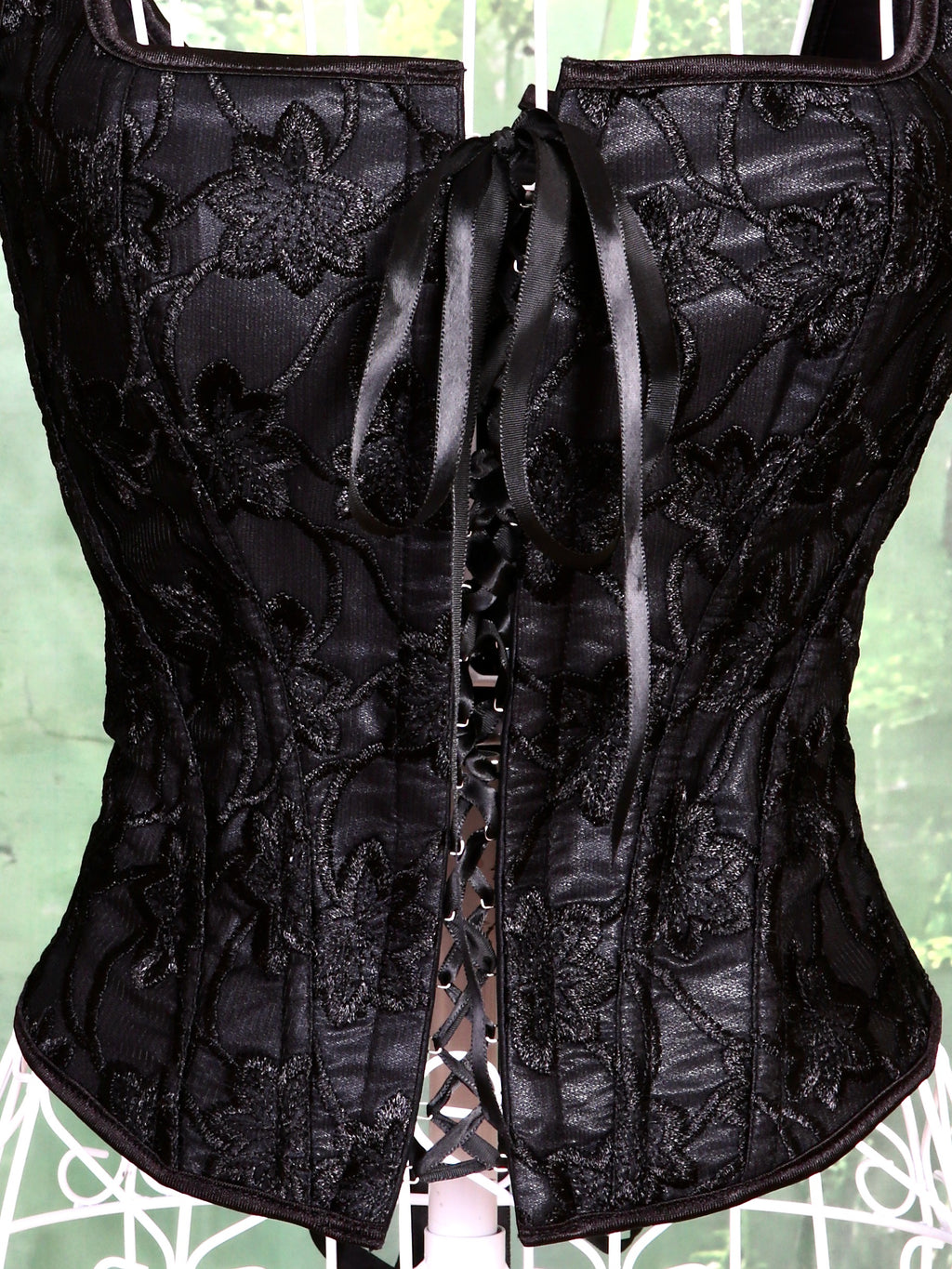 Overbust Corset. Black Floral Embroidery Square Neck Tie Front and back Boned Corset, Renaissance Corset  Fair, Music Festival