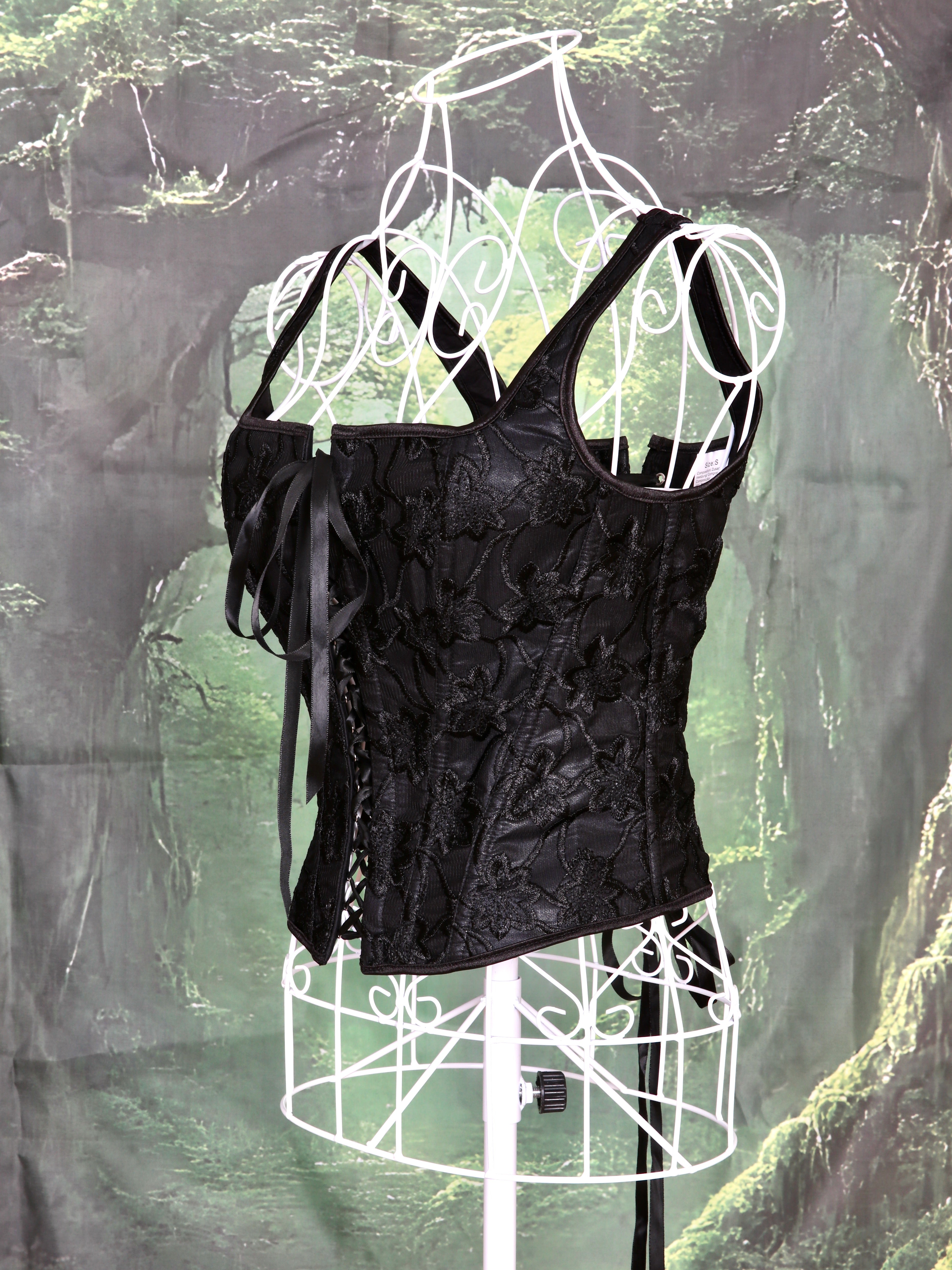 Overbust Corset. Black Floral Embroidery Square Neck Tie Front and back Boned Corset, Renaissance Corset  Fair, Music Festival