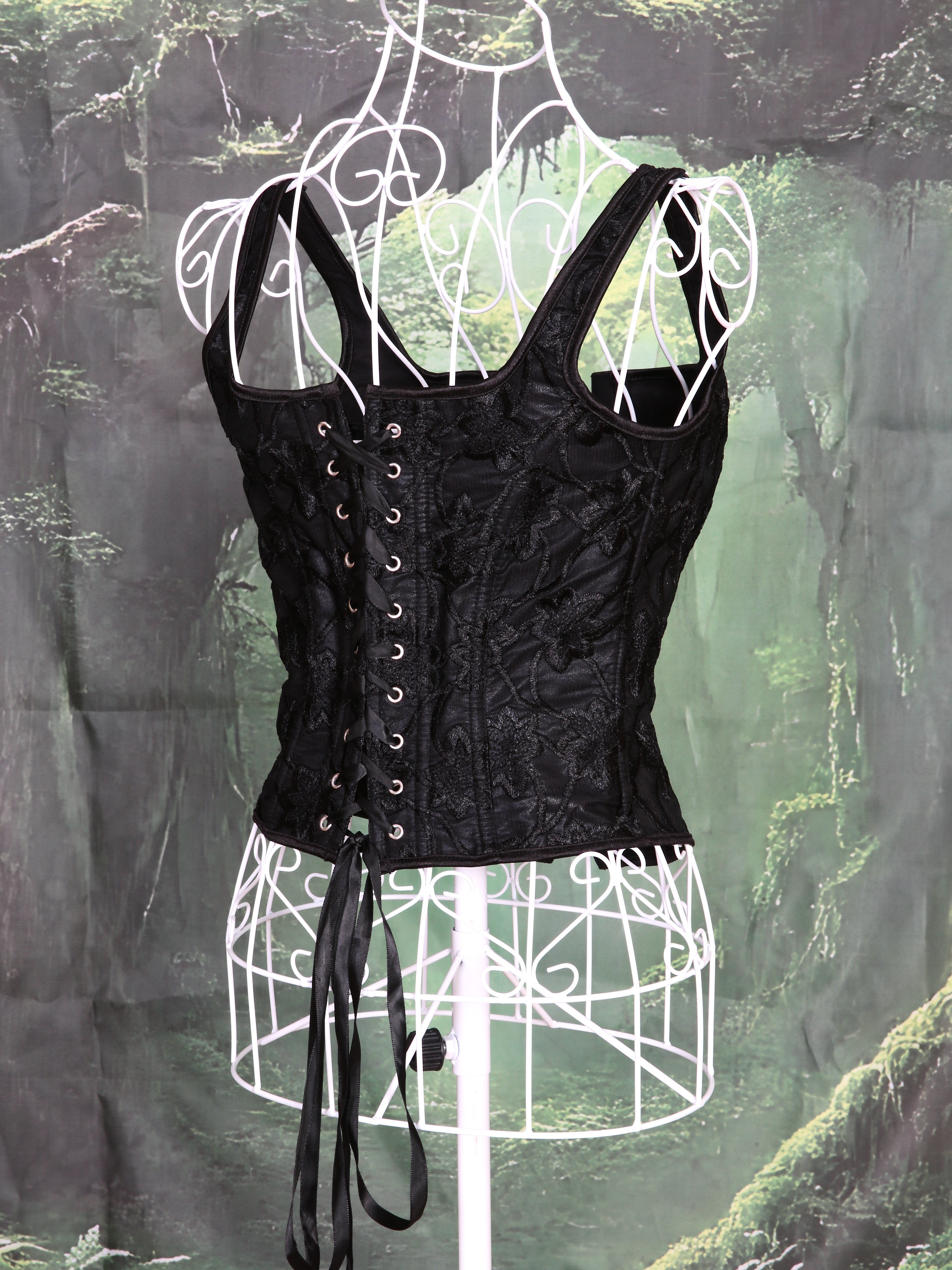 Overbust Corset. Black Floral Embroidery Square Neck Tie Front and back Boned Corset, Renaissance Corset  Fair, Music Festival