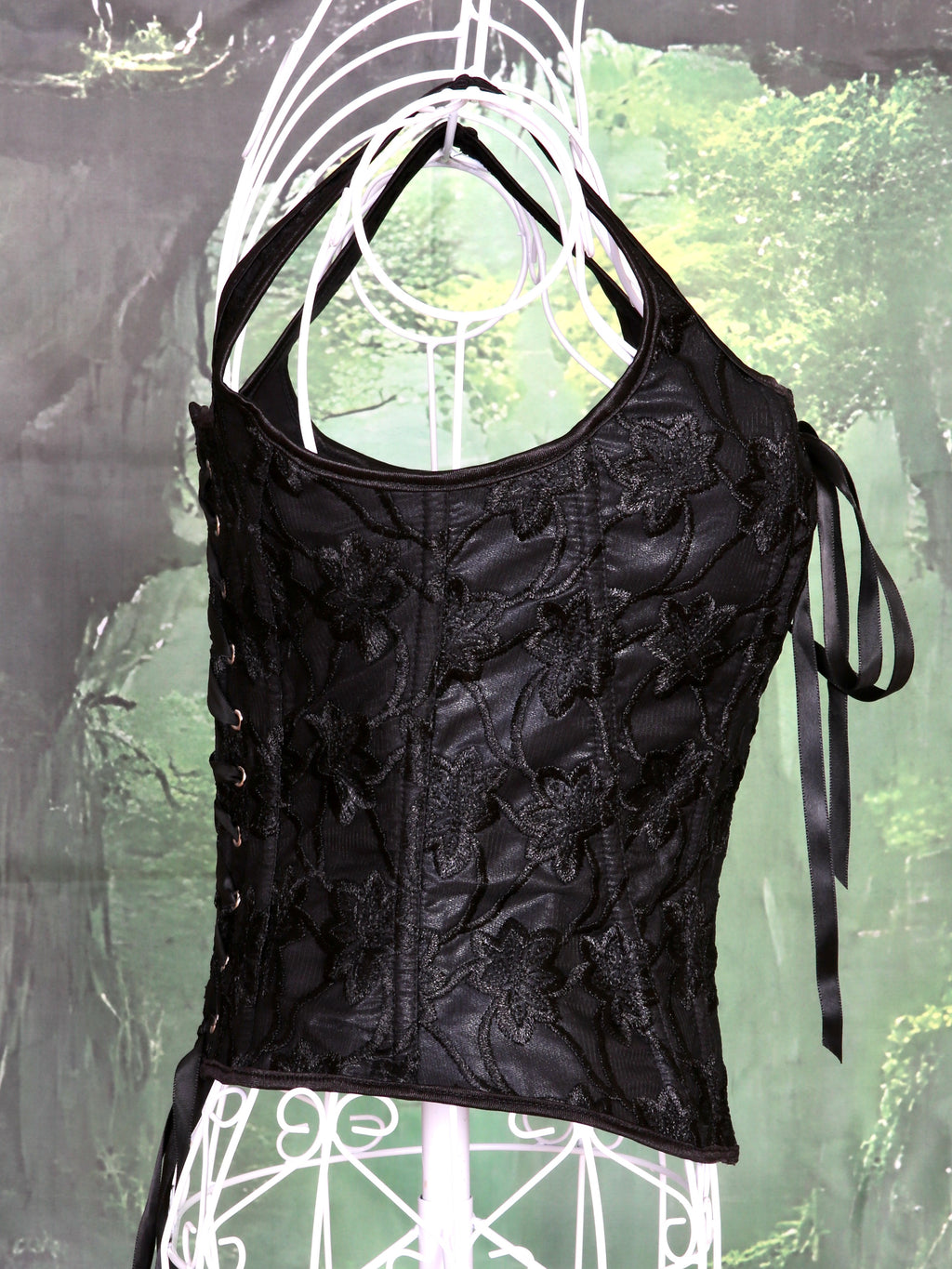 Overbust Corset. Black Floral Embroidery Square Neck Tie Front and back Boned Corset, Renaissance Corset  Fair, Music Festival