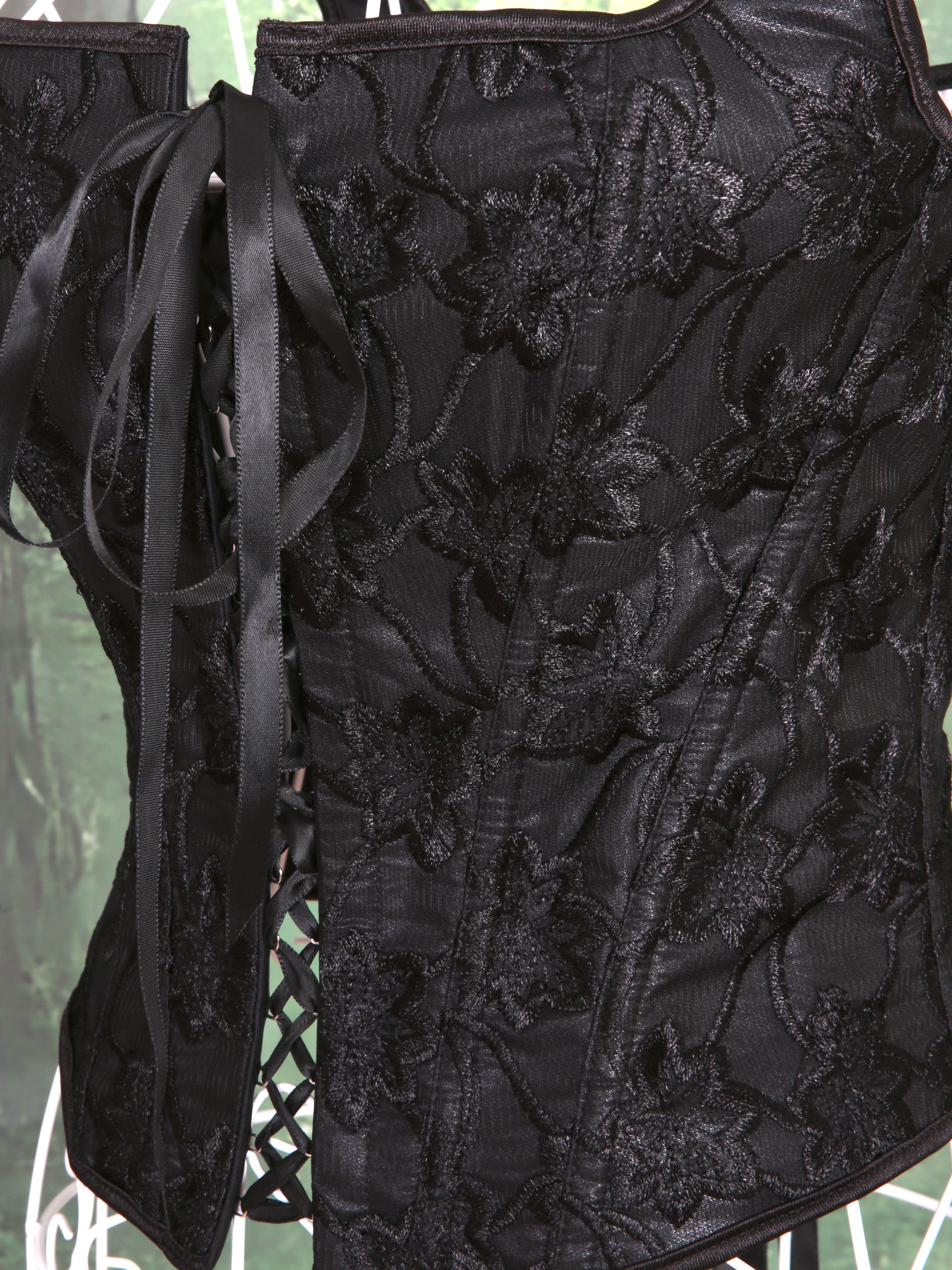Overbust Corset. Black Floral Embroidery Square Neck Tie Front and back Boned Corset, Renaissance Corset  Fair, Music Festival