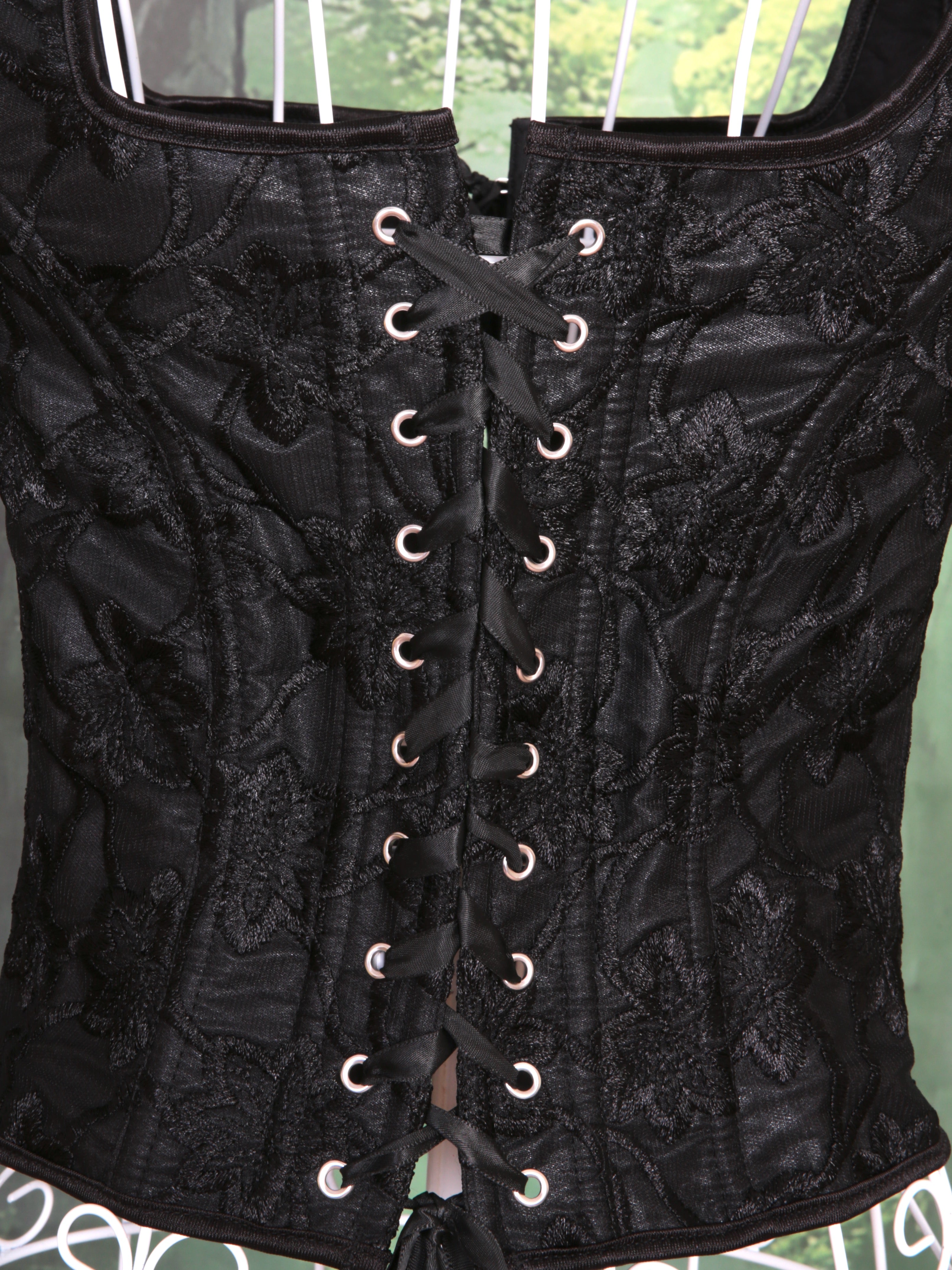 Overbust Corset. Black Floral Embroidery Square Neck Tie Front and back Boned Corset, Renaissance Corset  Fair, Music Festival
