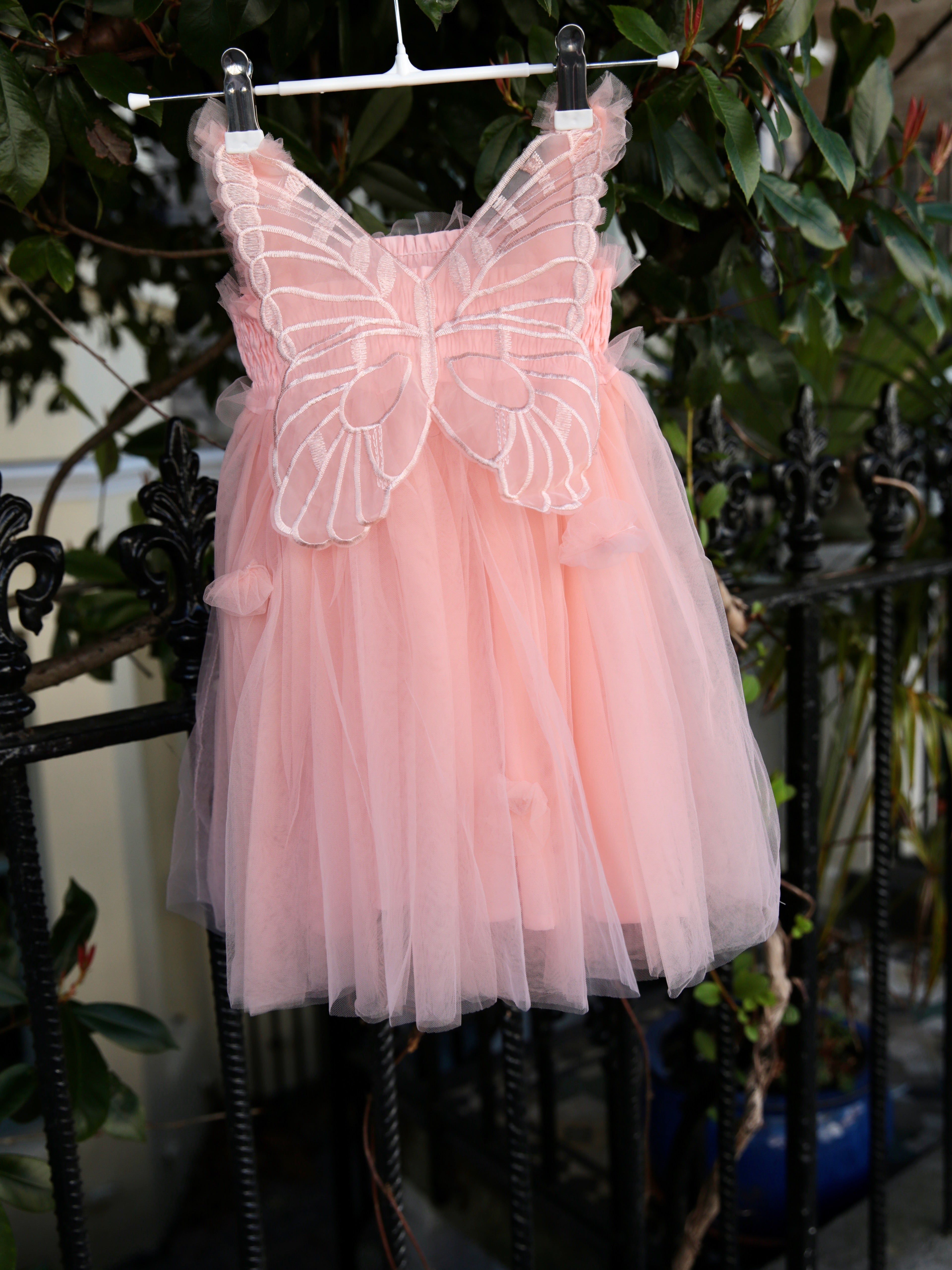 Girls Pink fairy wing dress. Beautiful Pastel Pink Tulle Dress with Butterfly wings on the back, party dress, bridesmaid dress, flower girl dress