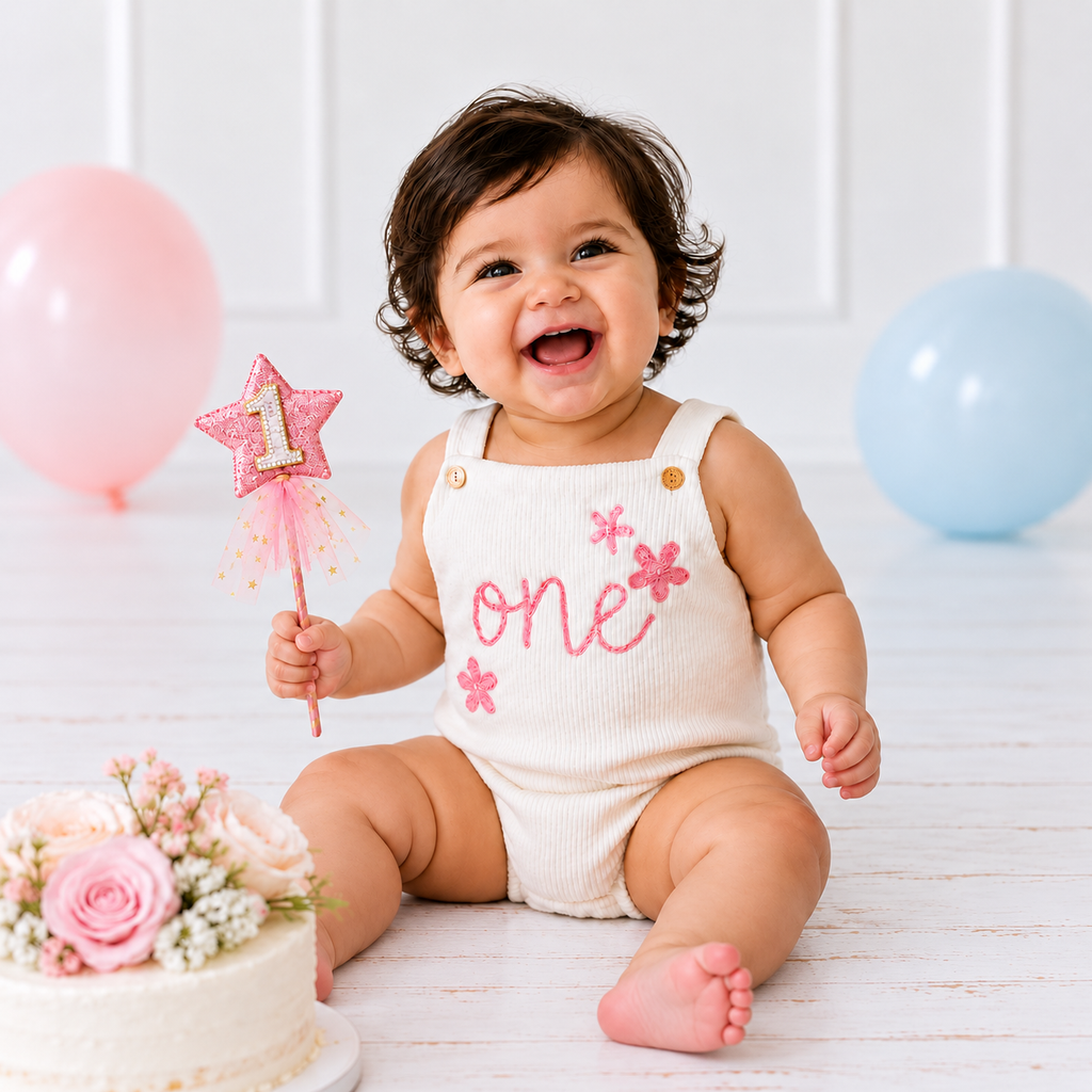 First Birthday Romper for Baby Girls – Cream with Pink Floral Embroidery