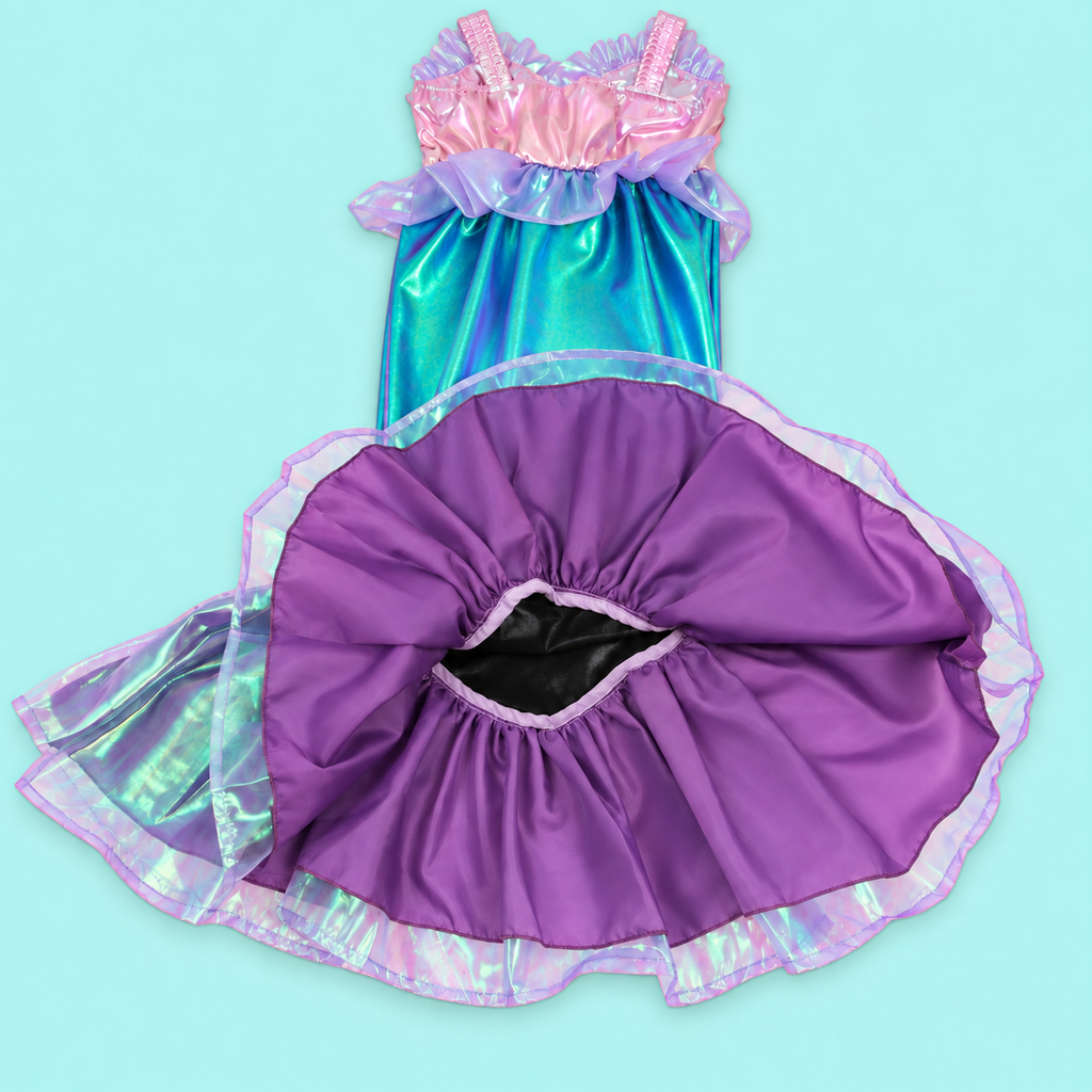 Girls’ Iridescent Mermaid Dress | Purple & Teal Costume with Optional Crown and Bag