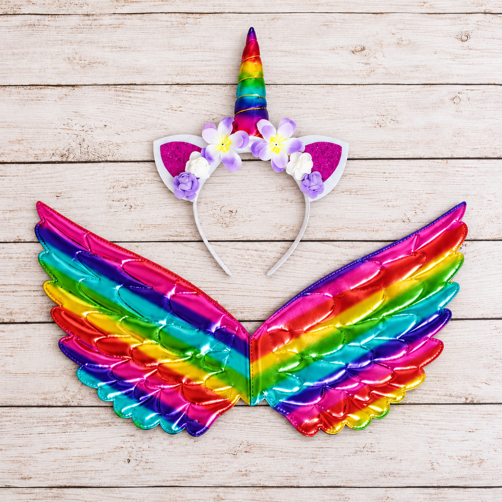 Rainbow Unicorn Costume Set for Girls | Metallic Wings, Colourful Tutu & Floral Horn Headband