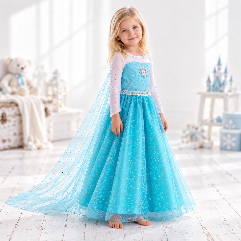 Elsa Inspired Ice Princess Dress for Girls, Sparkling Blue Frozen Costume with Flowing Cape
