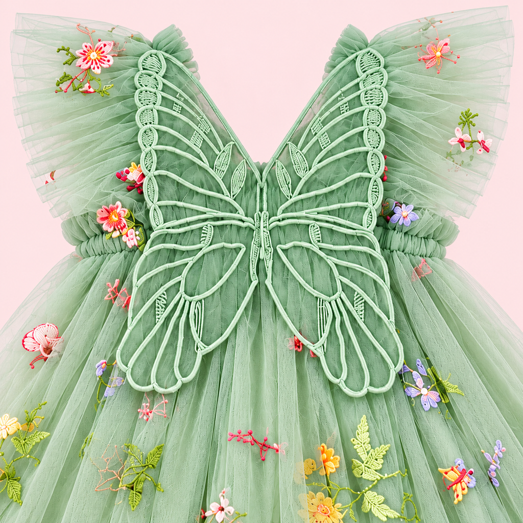 Enchanting Forest Fairy Dress for Girls | Sage Green Embroidered Tulle Dress with Butterfly Wings.