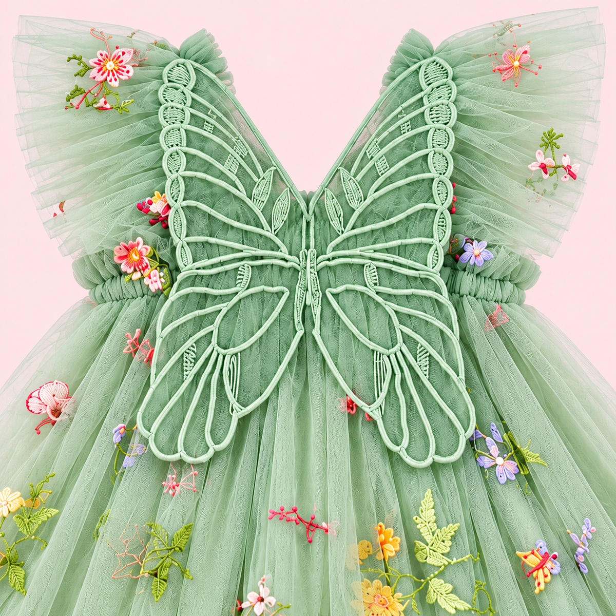 Enchanting Forest Fairy Dress for Girls | Sage Green Embroidered Tulle Dress with Butterfly Wings.