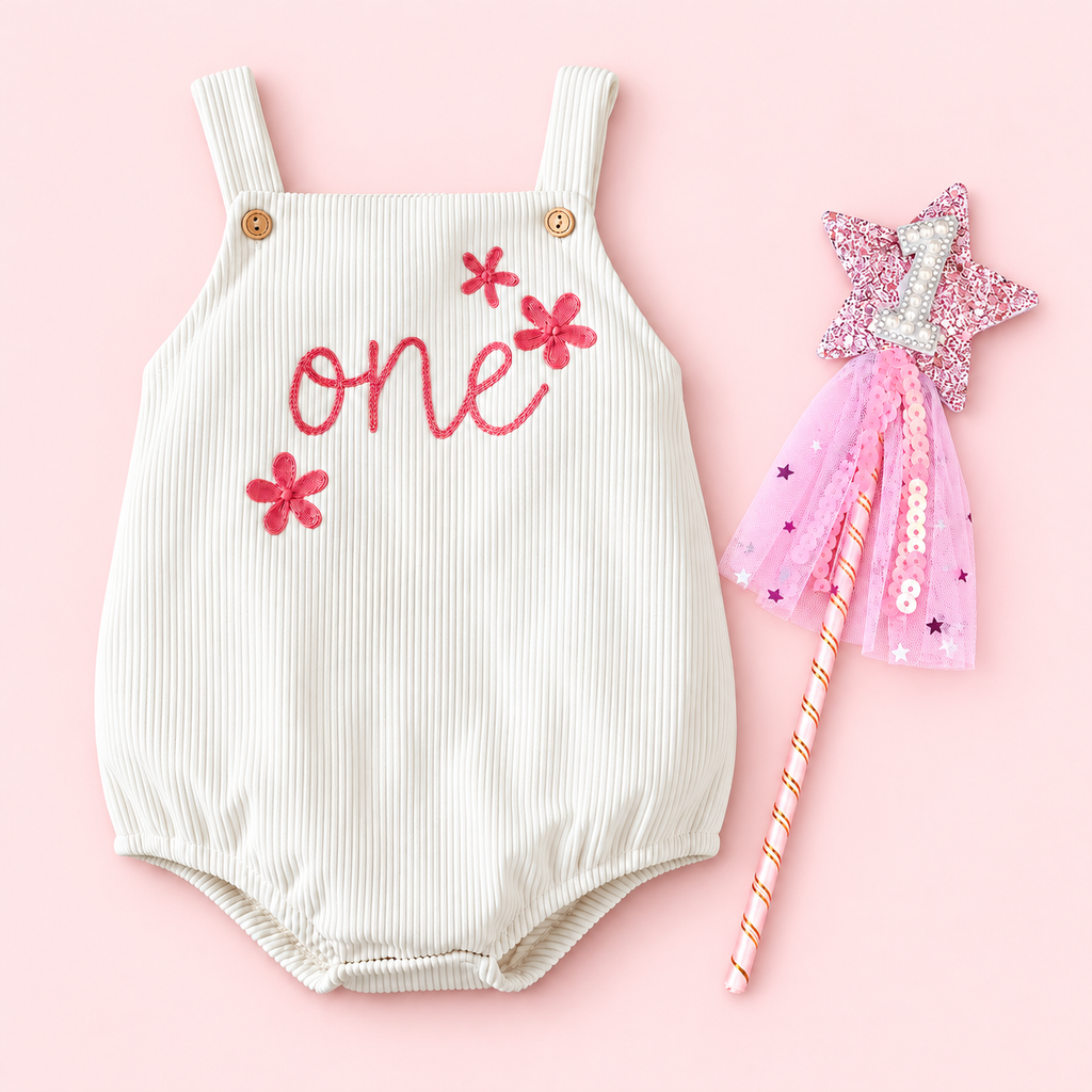 First Birthday Romper for Baby Girls – Cream with Pink Floral Embroidery