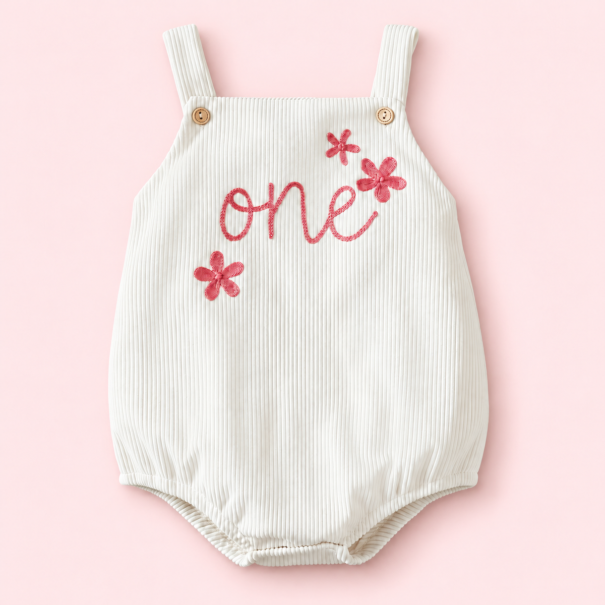 First Birthday Romper for Baby Girls – Cream with Pink Floral Embroidery
