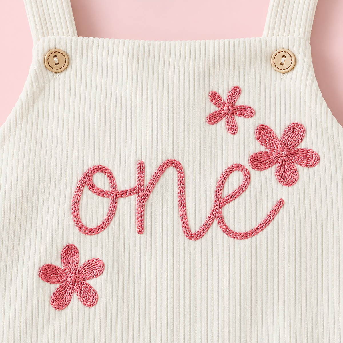 First Birthday Romper for Baby Girls – Cream with Pink Floral Embroidery