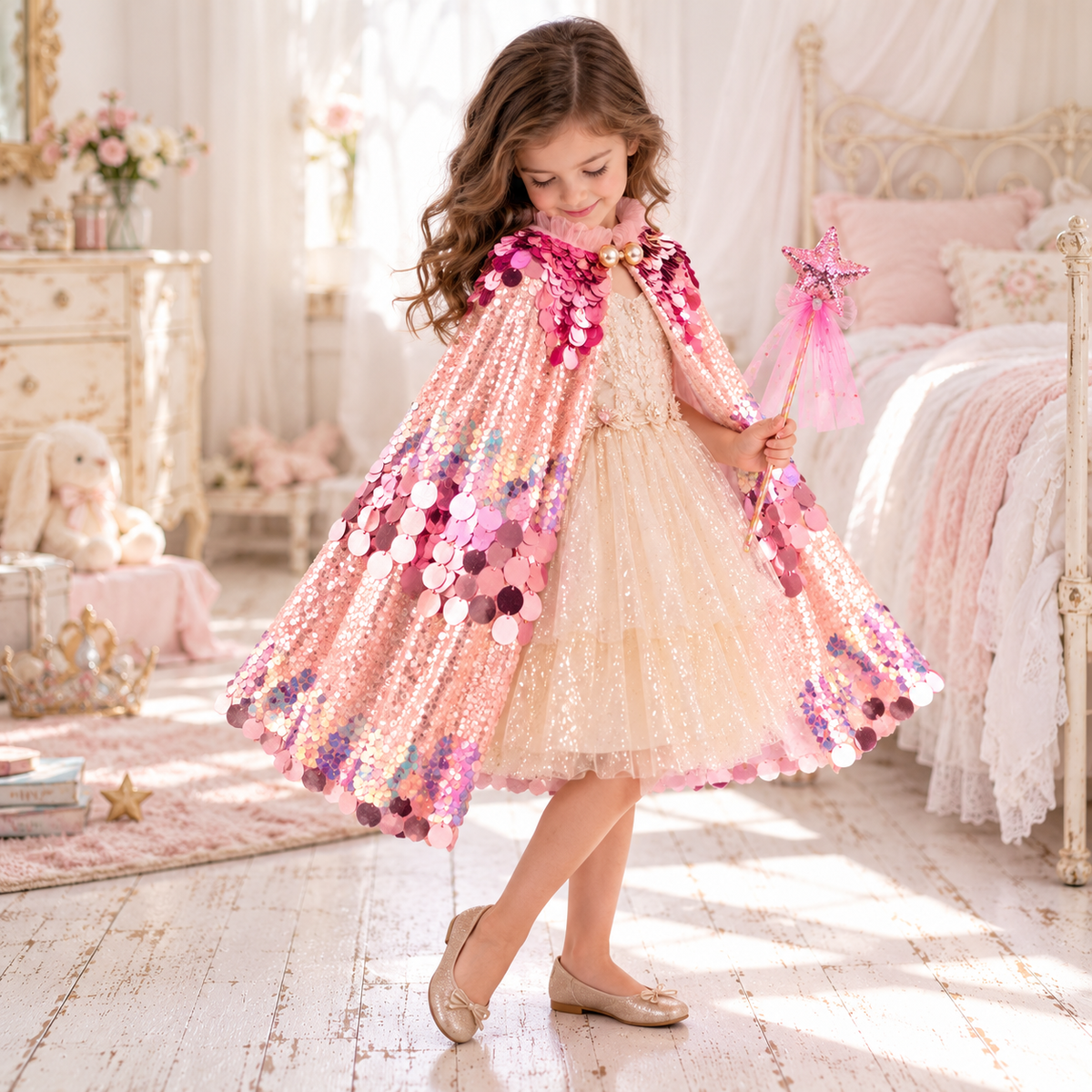 Enchanted Pink Sequin Fairy Cloak | Girls' Princess Dress Up Cape | Ages 4–8
