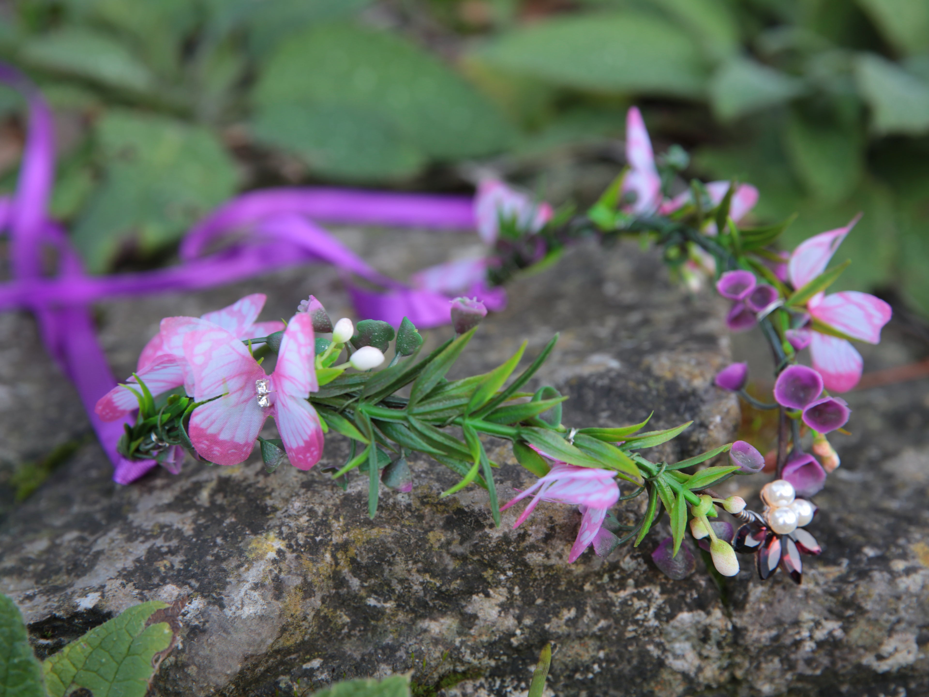 Fairy Crown, Beautiful  Elven Tiara Pink Butterflies and Purple Flowers.  Woodland theme, fairy party bridesmaid headdress.