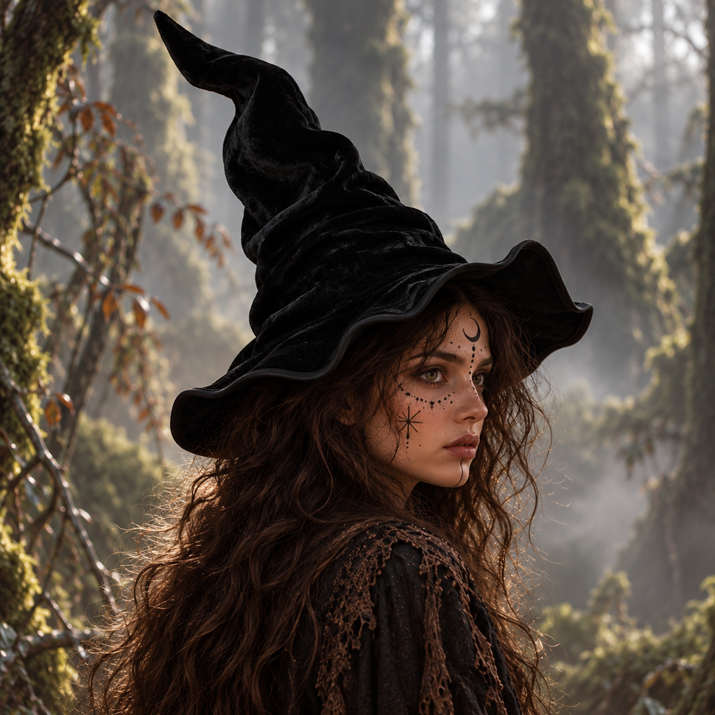 Tall Wide-Brim Velour Witch & Wizard Hat