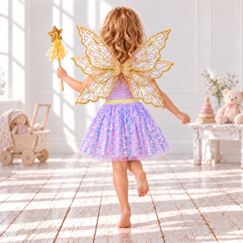 Lilac Sequin Fairy Skirt – Optional Gold Fairy Wings & Star Wand | Ages 2–8