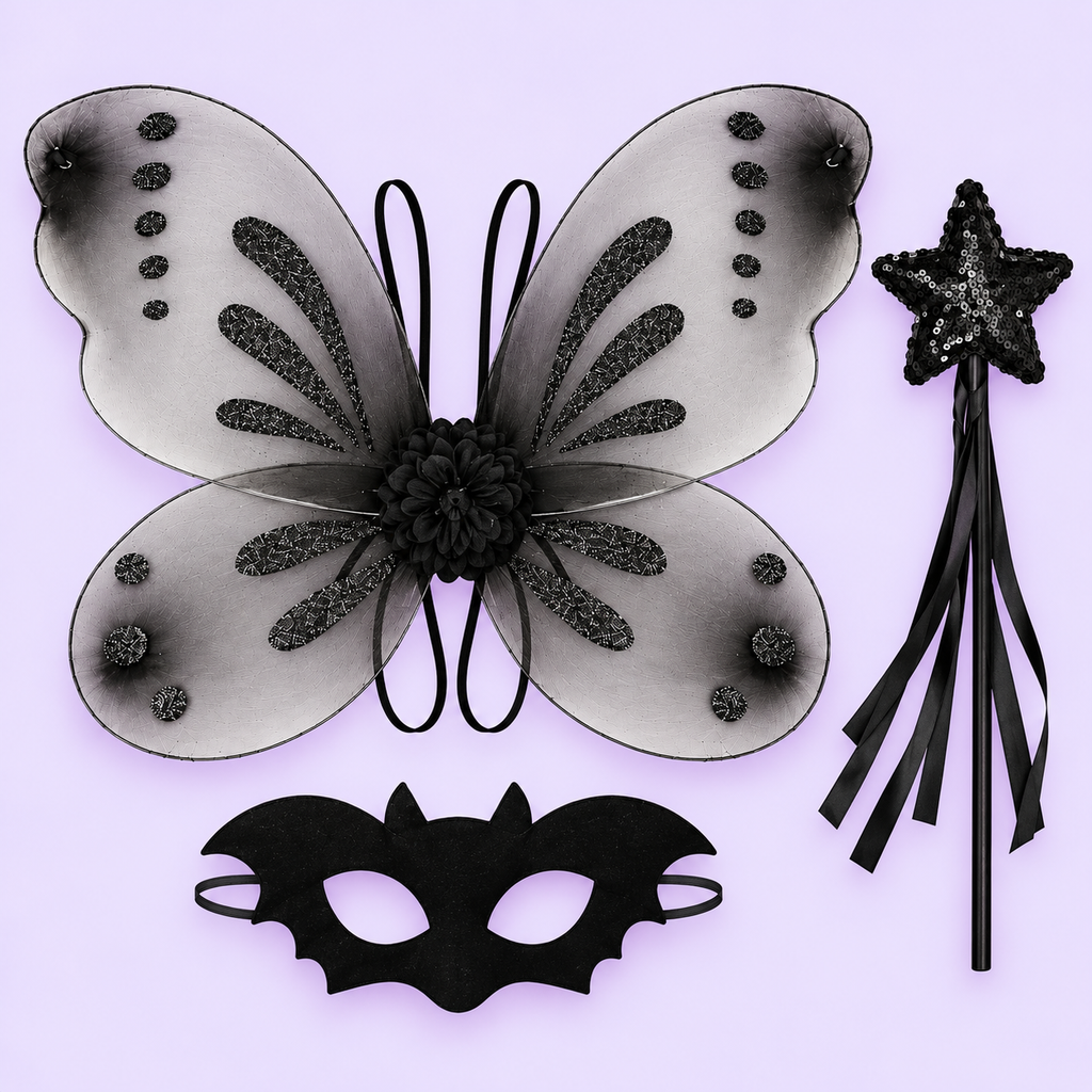 Black Butterfly Fairy Costume Set – Wings, Star Tutu, Bat Mask & Wand