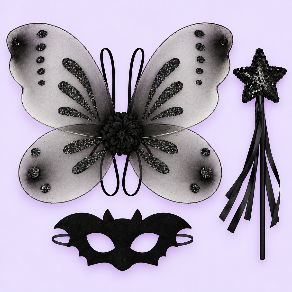 Black Butterfly Fairy Costume Set – Wings, Star Tutu, Bat Mask & Wand