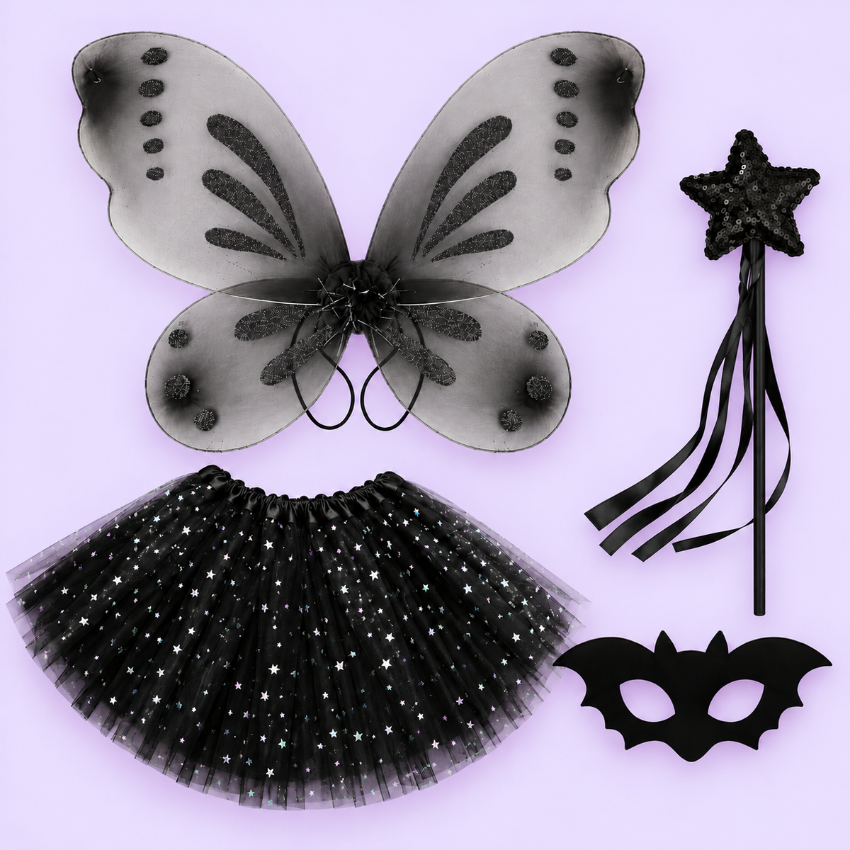 Black Butterfly Fairy Costume Set – Wings, Star Tutu, Bat Mask & Wand