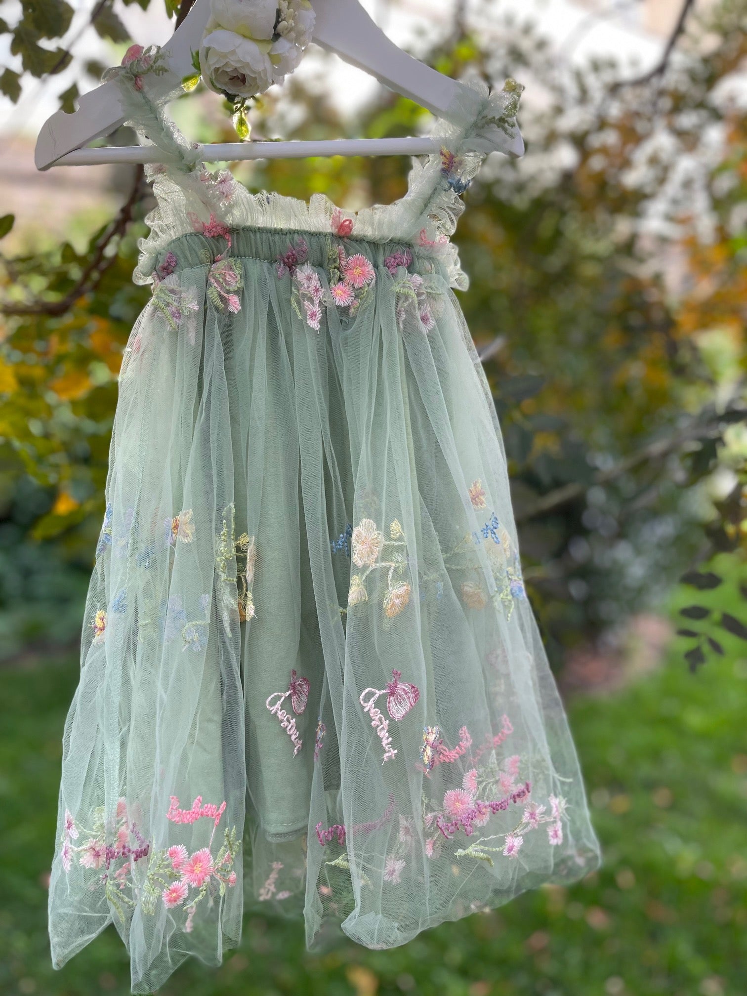 Girls sage green embroidered dress with extra soft lining.