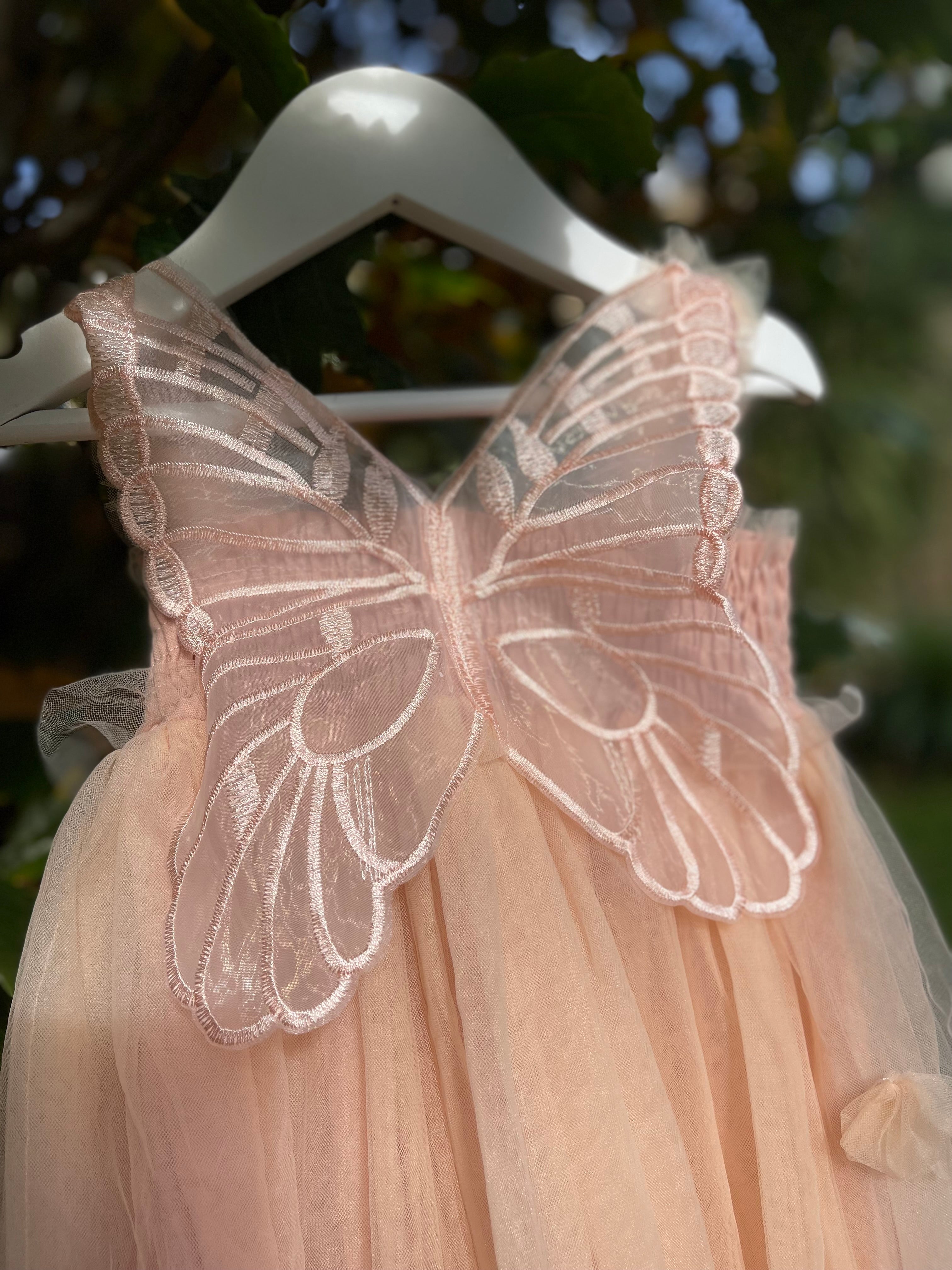 Fairy wing dress in Champagne pink colour Tulle Dress with Butterfly wings on the back, party dress, bridesmaid dress, flower girl dress.