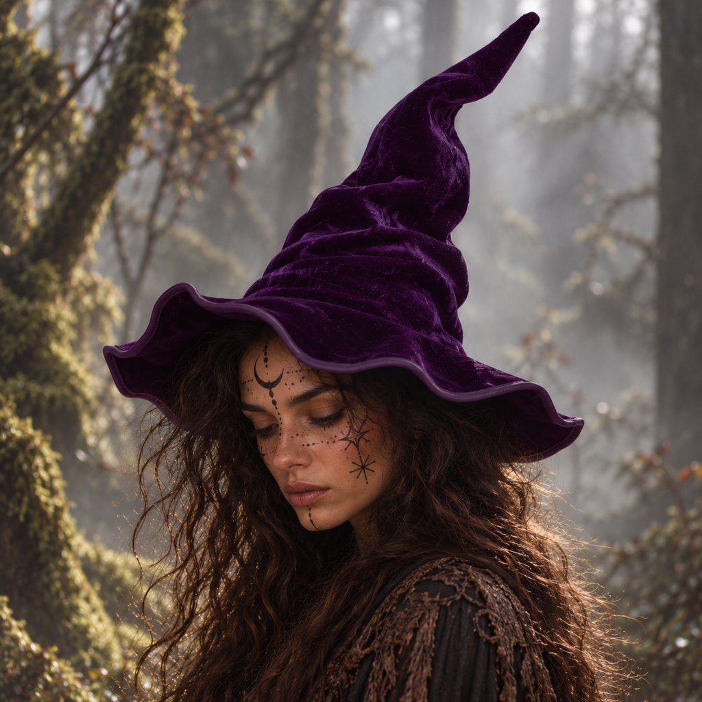 Tall Wide-Brim Velour Witch & Wizard Hat