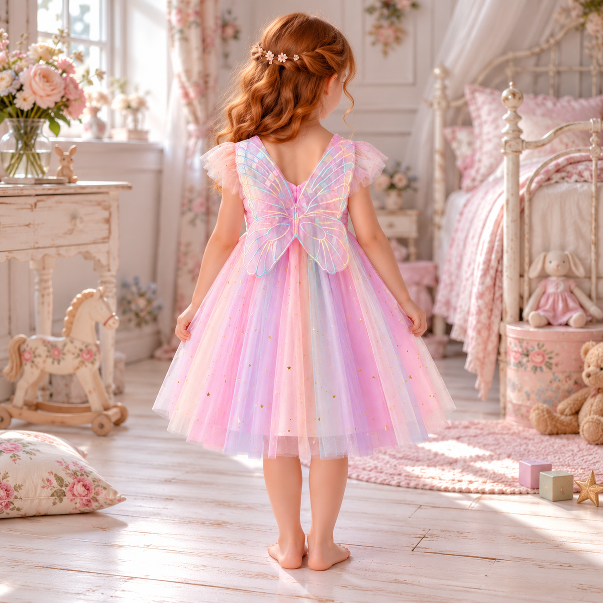 A young girl with wavy red hair stands barefoot in a pastel pink bedroom, viewed from behind, wearing a tulle party dress with a large iridescent bow on the back and flutter sleeves.