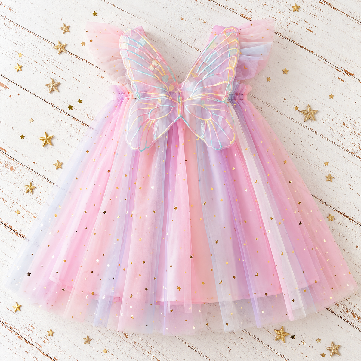 A toddler fairy costume dress in pastel pink, lavender, and blue tulle with gold star confetti, featuring a large iridescent butterfly wing back accessory, laid flat on a white rustic wood background with scattered gold star decorations.