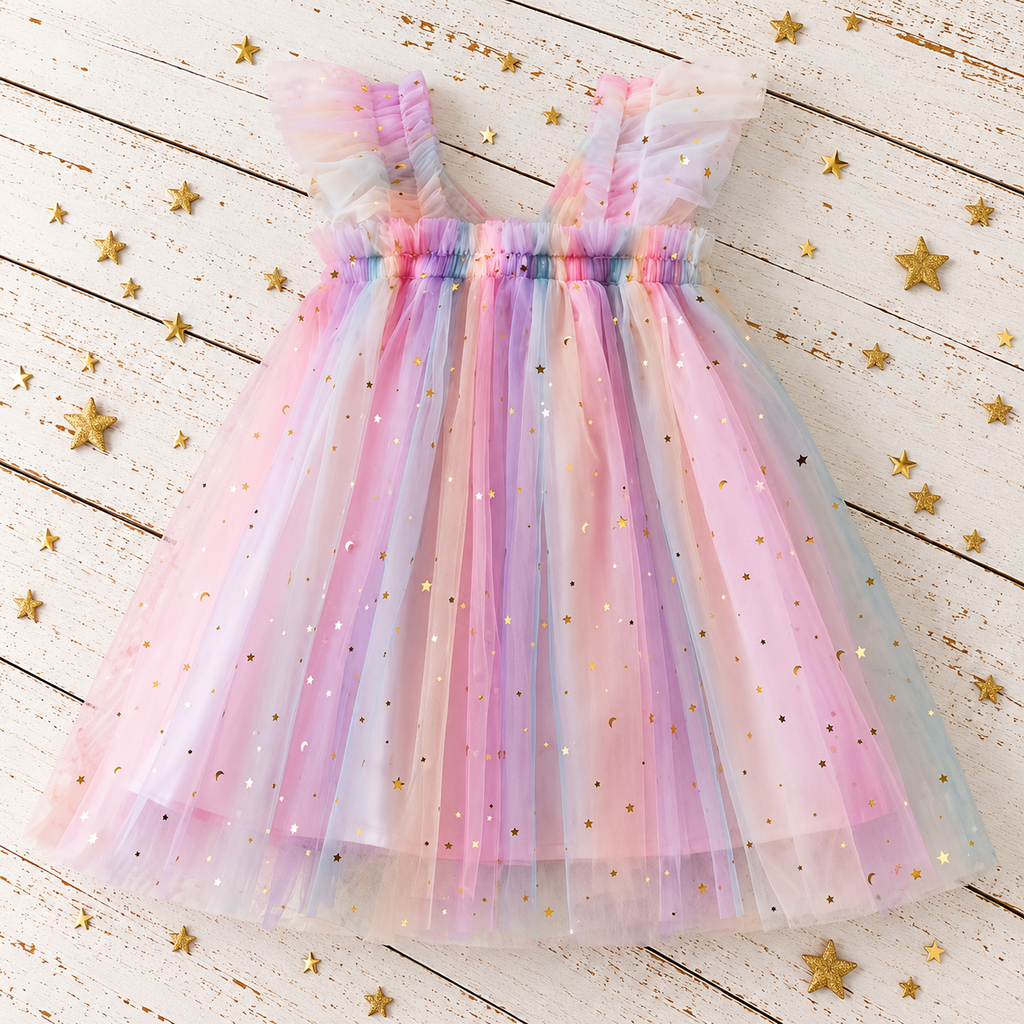 A pastel tulle dress for toddlers or girls, featuring a soft pink, purple, and blue gradient with scattered gold glitter stars. The dress has ruffled shoulder straps and a smocked elastic waist, laid flat on a white wooden plank background decorated with small gold stars.