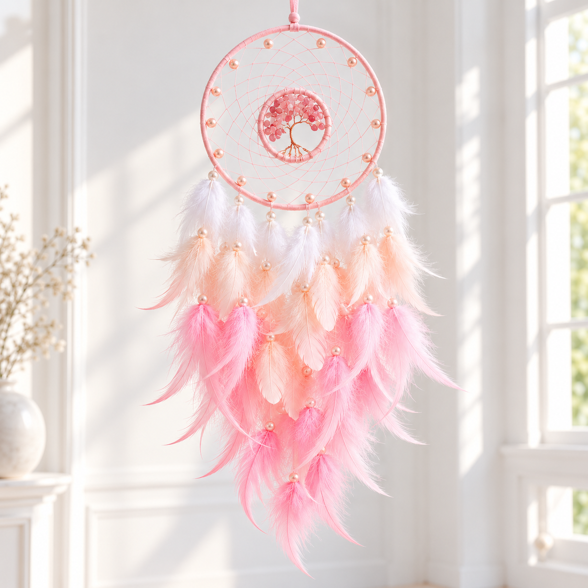 A pink dreamcatcher with a tree of life design in the center, hanging in front of a bright white window. The dreamcatcher features a circular frame with delicate webbing, small gold beads, white feathers, peach feathers, and fluffy pink feathers hanging below.