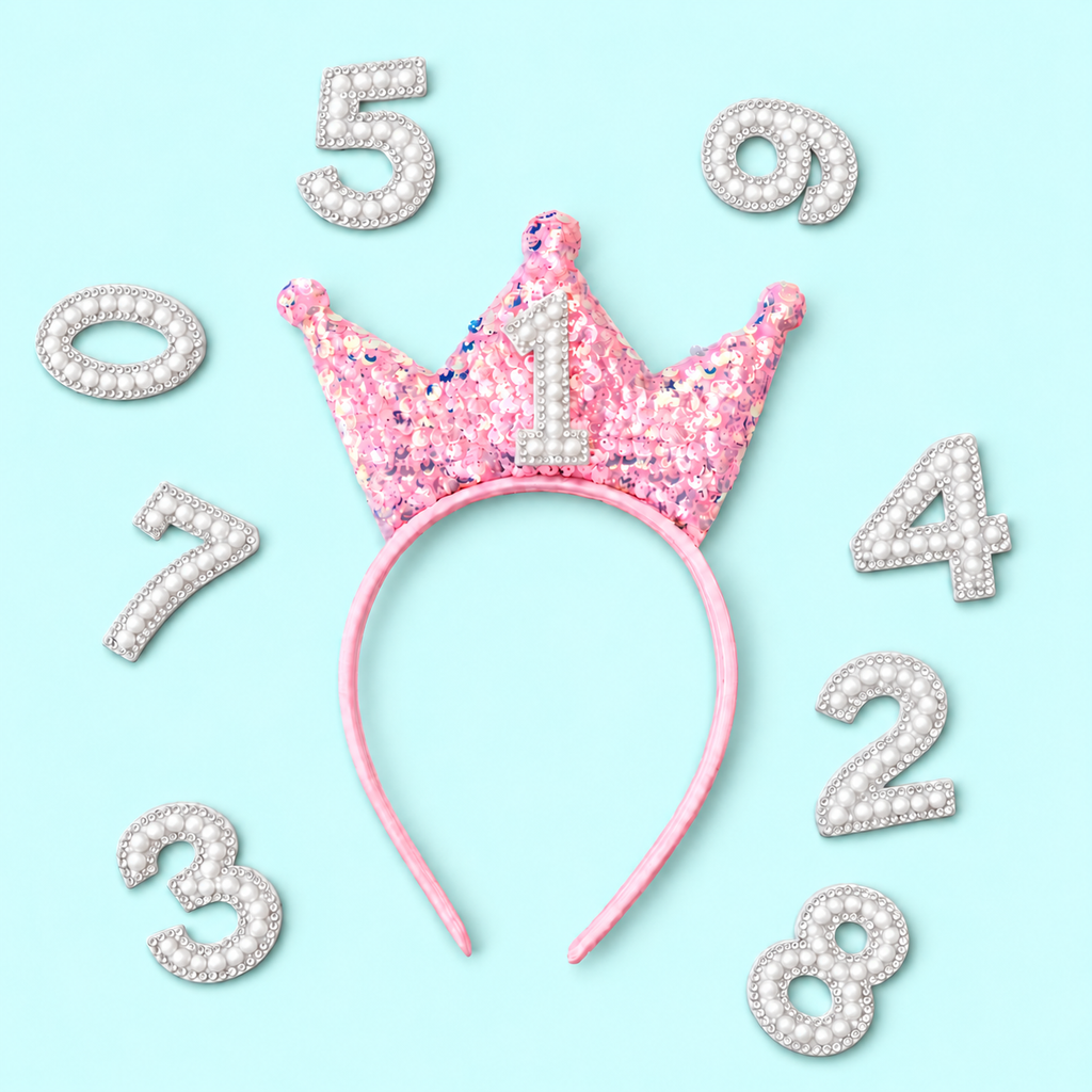 Personalised Sequin Birthday Crown Headband – 8 Colours & White Pearl Numbers