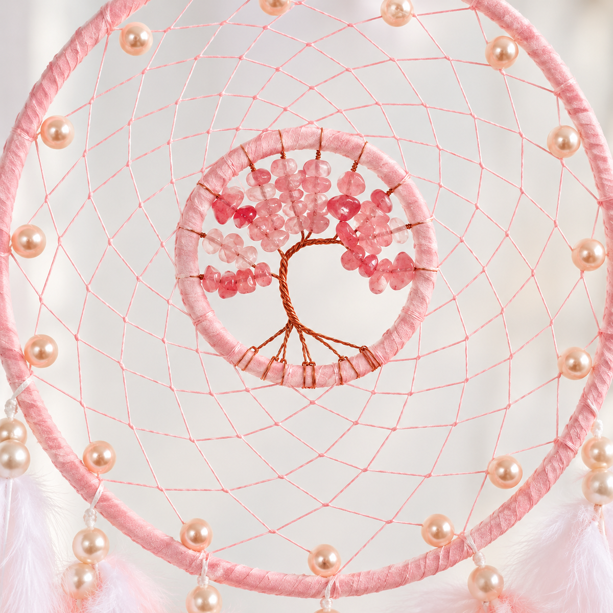 Rose Quartz Tree of Life Dreamcatcher | Handmade Pink Feather Wall Hanging