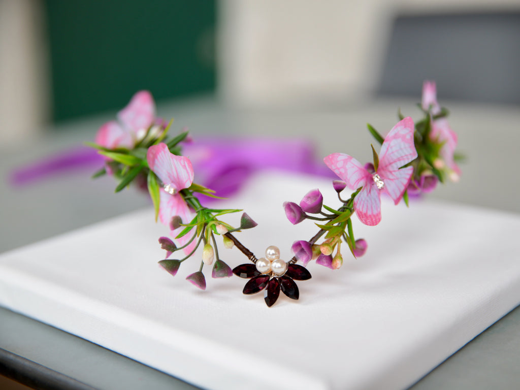 Fairy Crown, Beautiful  Elven Tiara Pink Butterflies and Purple Flowers.  Woodland theme, fairy party bridesmaid headdress.
