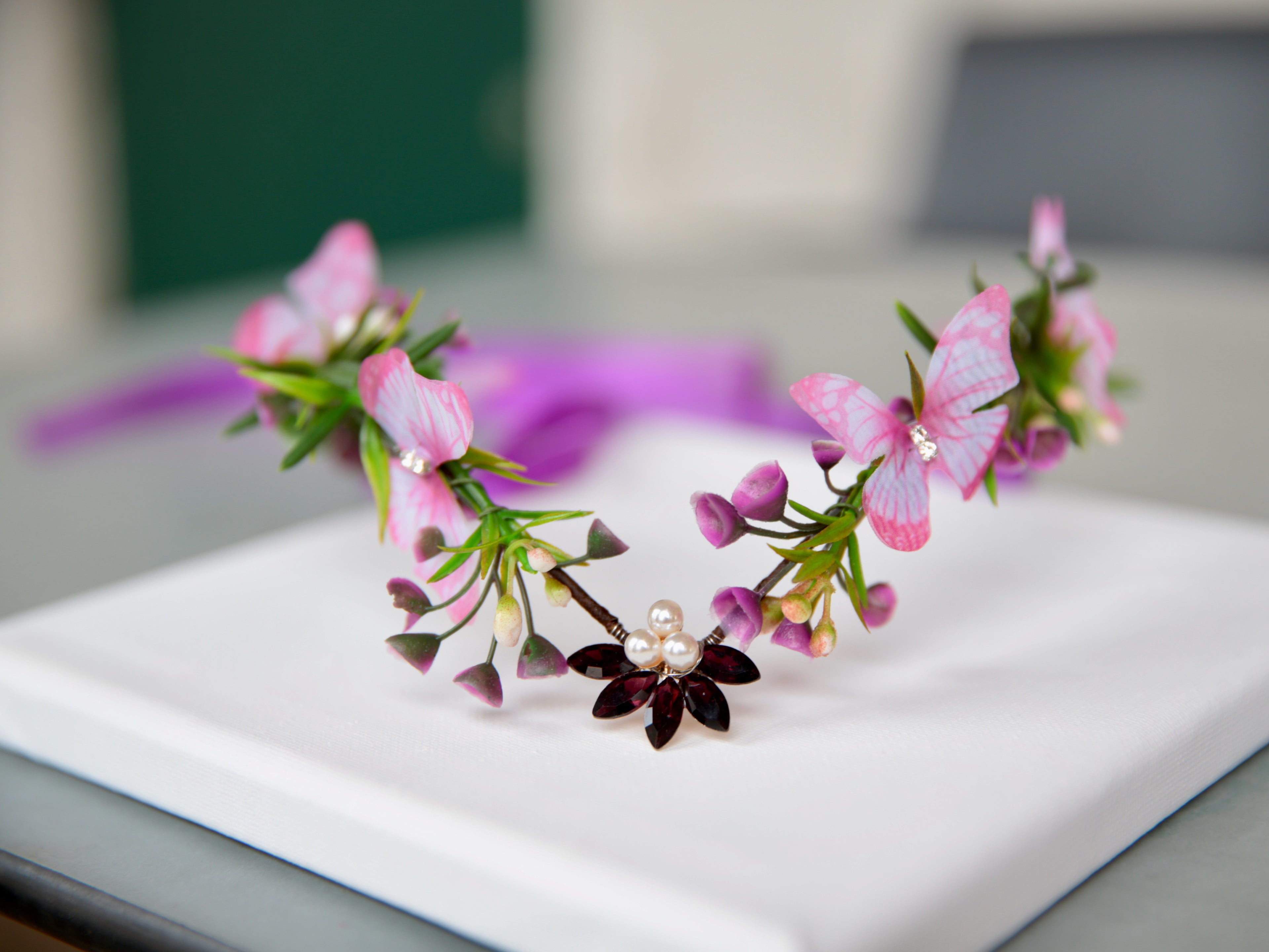 Fairy Crown, Beautiful  Elven Tiara Pink Butterflies and Purple Flowers.  Woodland theme, fairy party bridesmaid headdress.