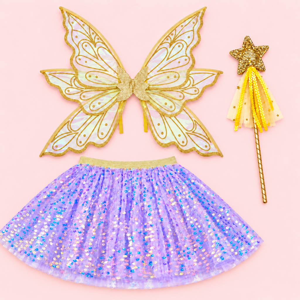Lilac Sequin Fairy Skirt – Optional Gold Fairy Wings & Star Wand | Ages 2–8