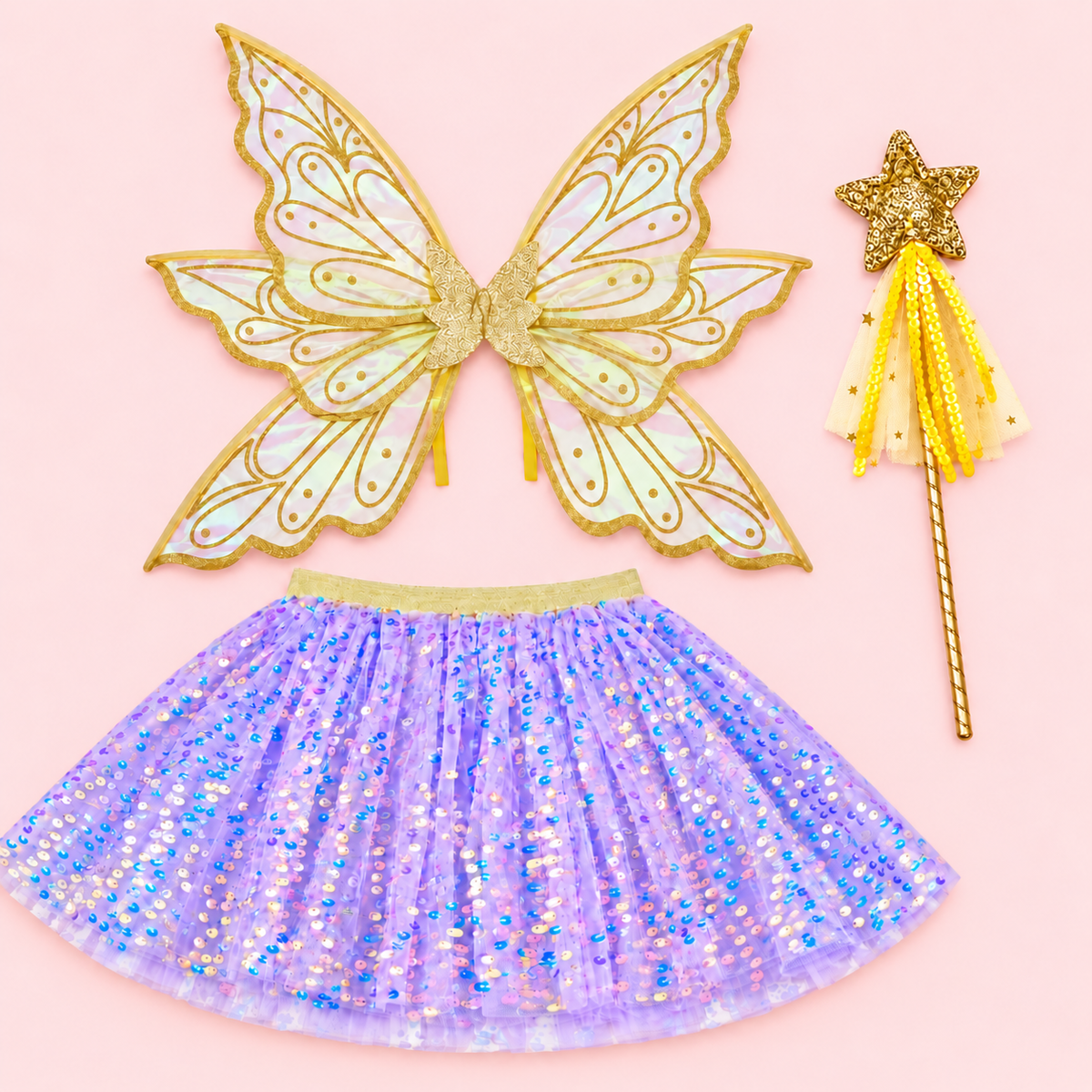 Lilac Sequin Fairy Skirt – Optional Gold Fairy Wings & Star Wand | Ages 2–8